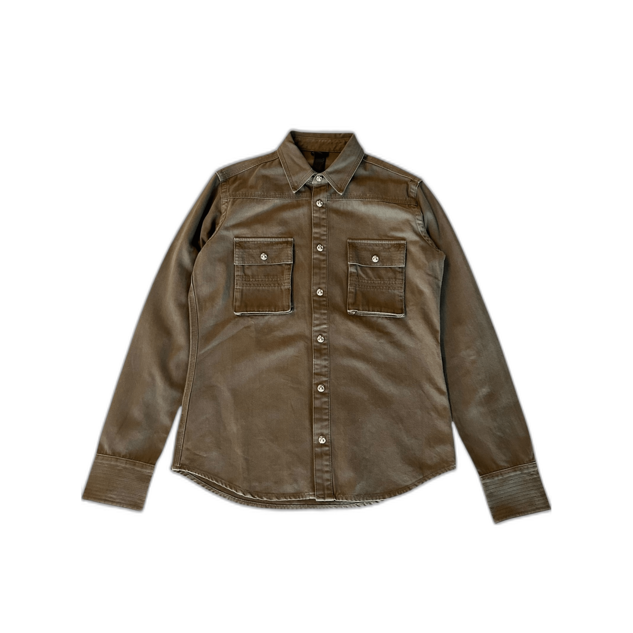 Chrome Hearts Olive & Black Leather Fleur Patch Button Up Shirt - Morely TrendsChrome Hearts Type here:)