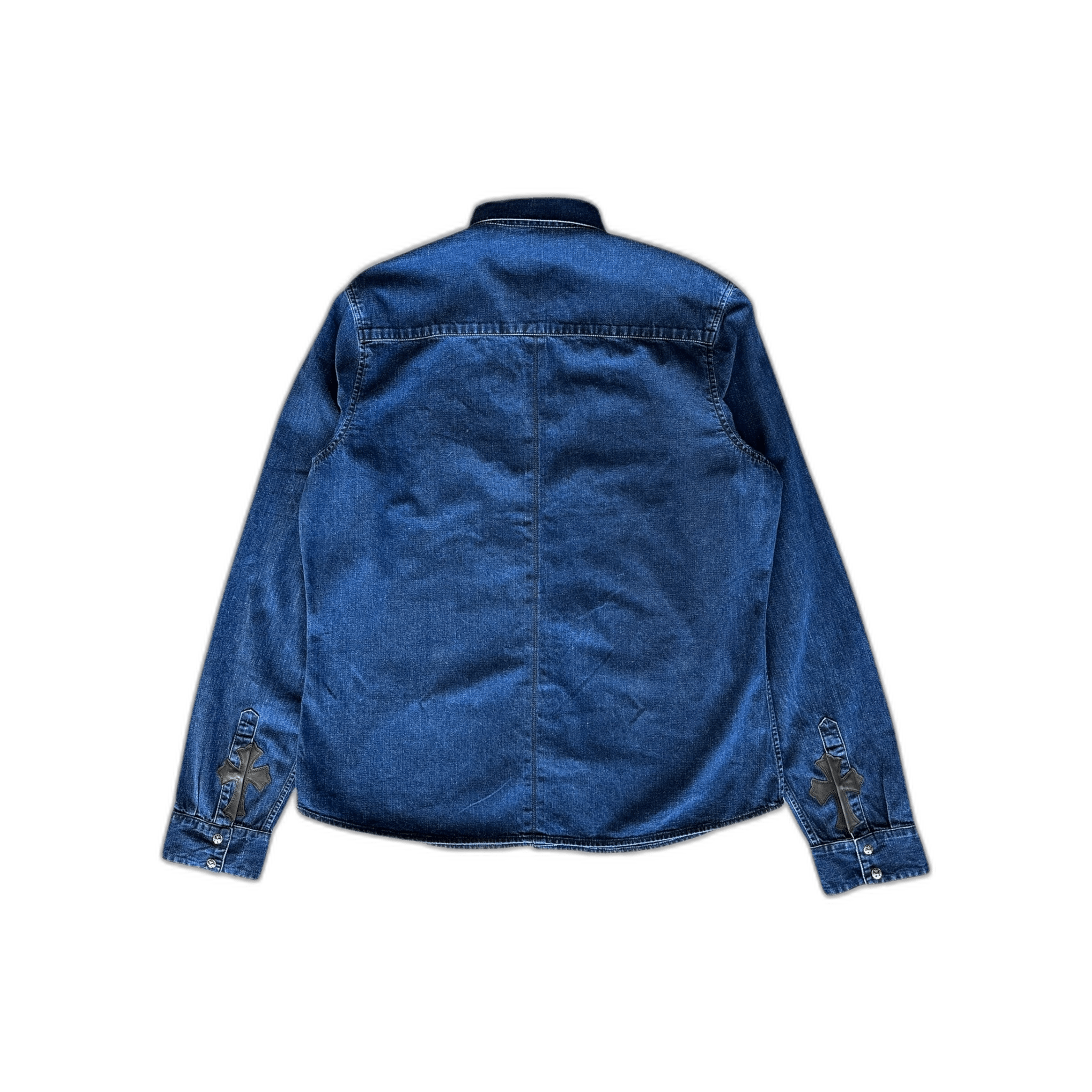 Chrome Hearts Blue Cross Patch Denim Button Up Shirt - Morely TrendsChrome Hearts Type here:)
