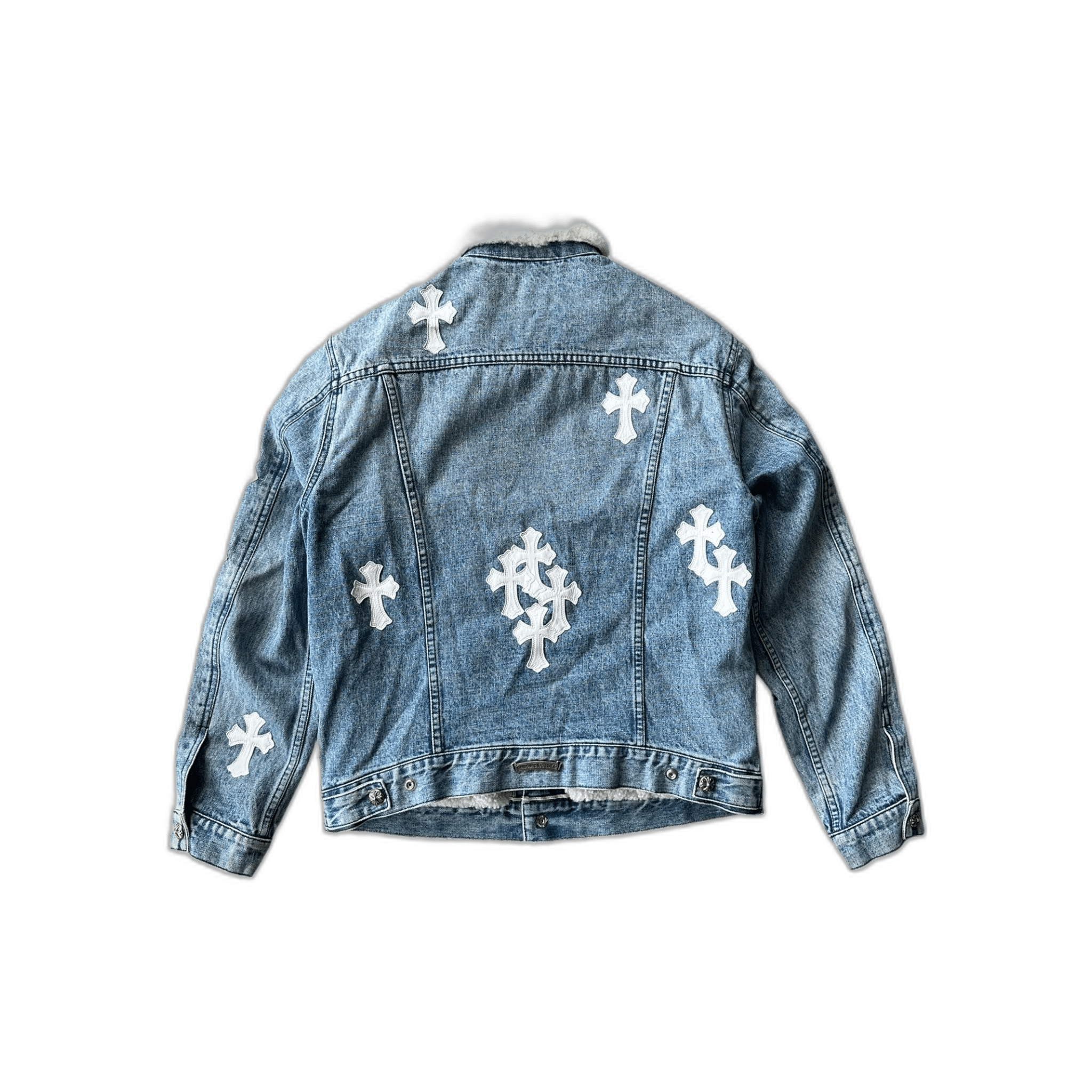 Chrome Hearts Levis Blue & Multicolor Cross Patch Denim Sherpa Jacket - Morely TrendsChrome Hearts Type here:)