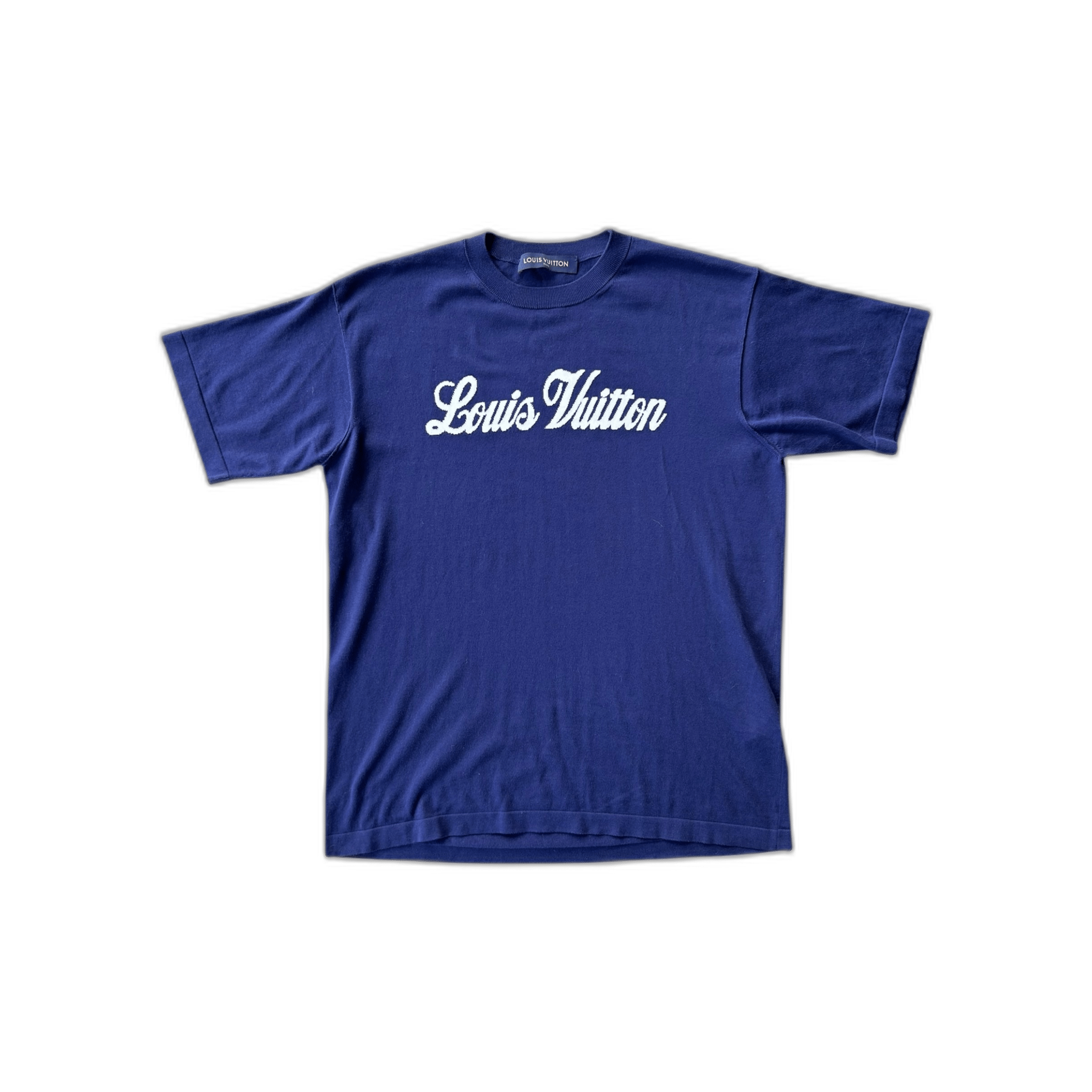 Louis Vuitton Blue & White Script Logo Intarsia T-Shirt - Morely TrendsLouis Vuitton Type here:)