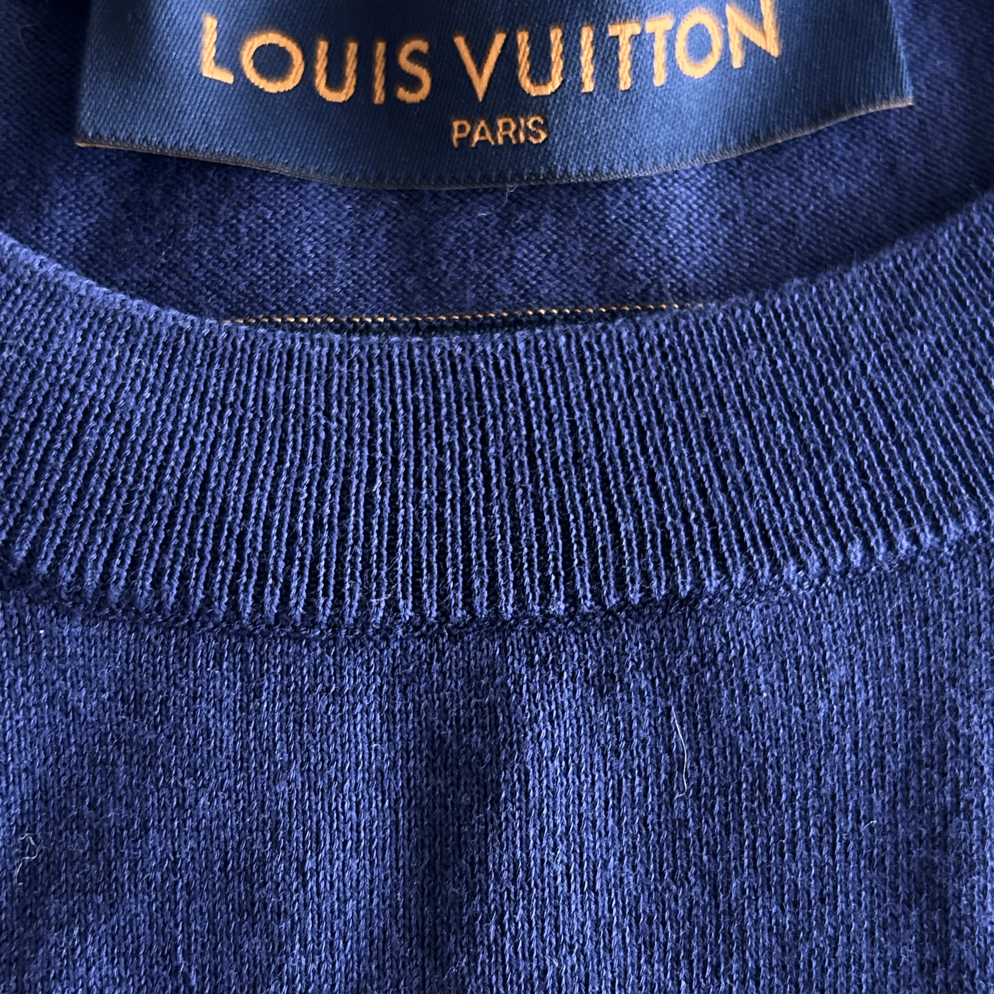 Louis Vuitton Blue & White Script Logo Intarsia T-Shirt - Morely TrendsLouis Vuitton Type here:)