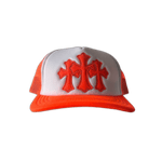 Chrome Hearts Orange Cemetery Cross Patch Trucker Hat - Morely TrendsChrome Hearts Type here:)