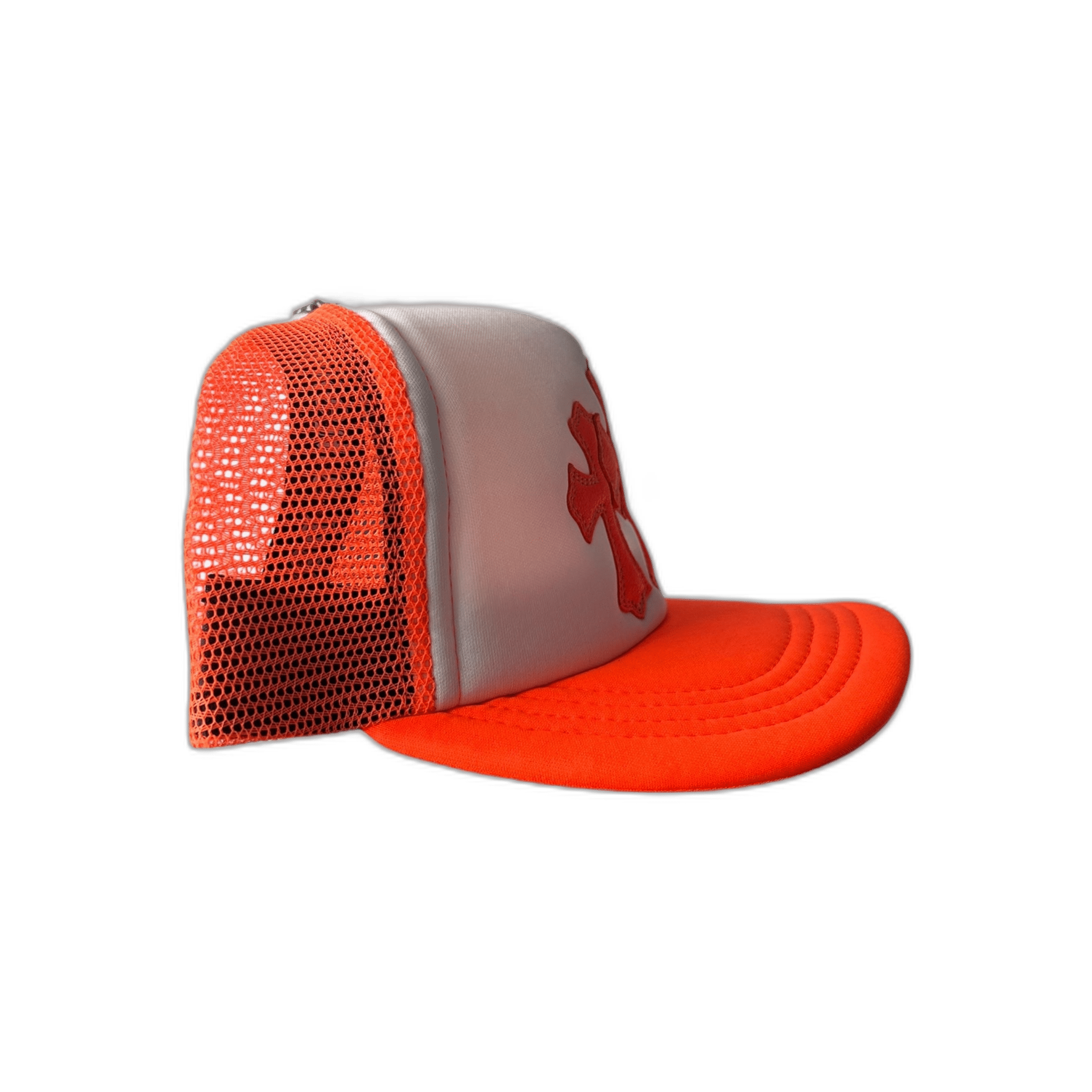 Chrome Hearts Orange Cemetery Cross Patch Trucker Hat - Morely TrendsChrome Hearts Type here:)
