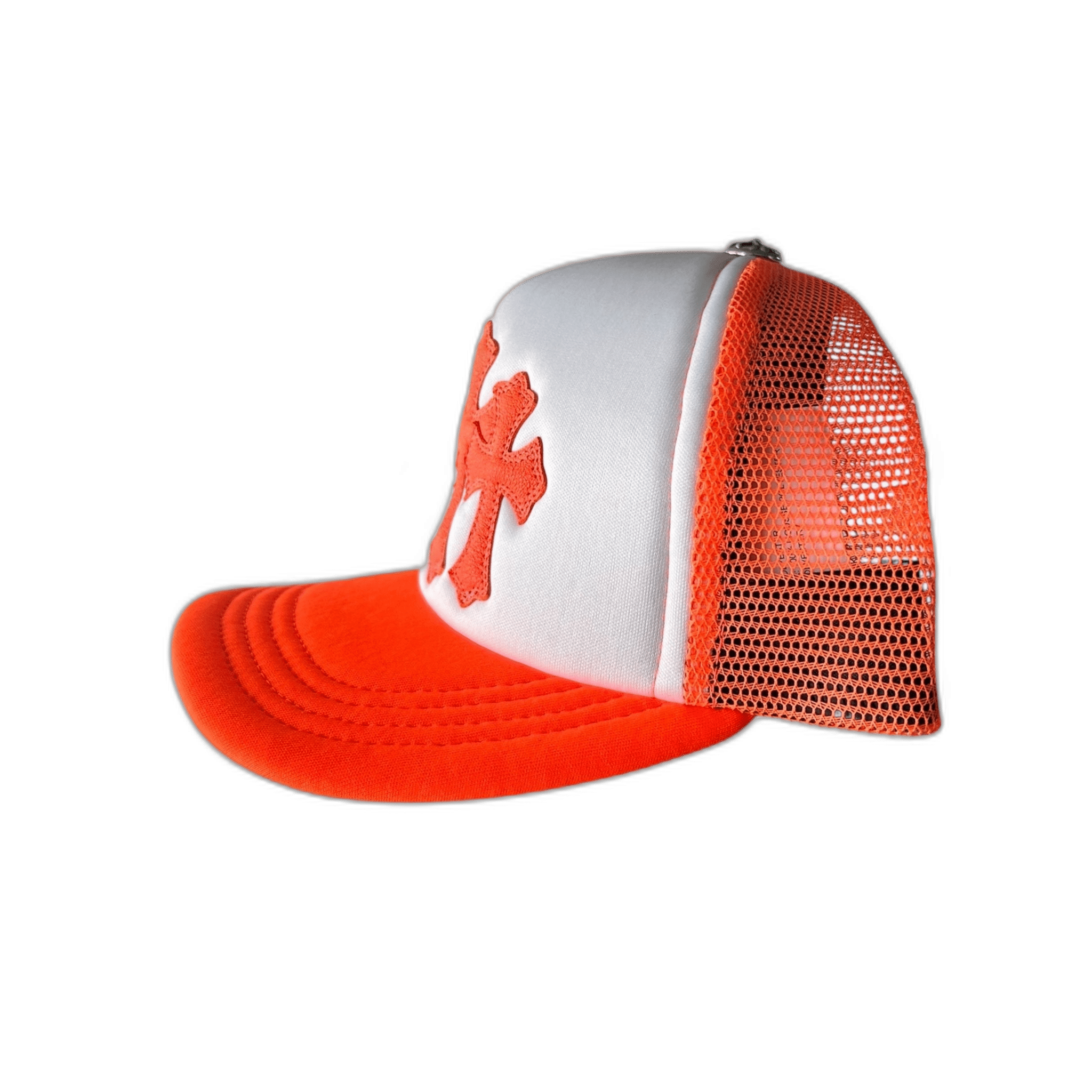 Chrome Hearts Orange Cemetery Cross Patch Trucker Hat - Morely TrendsChrome Hearts Type here:)