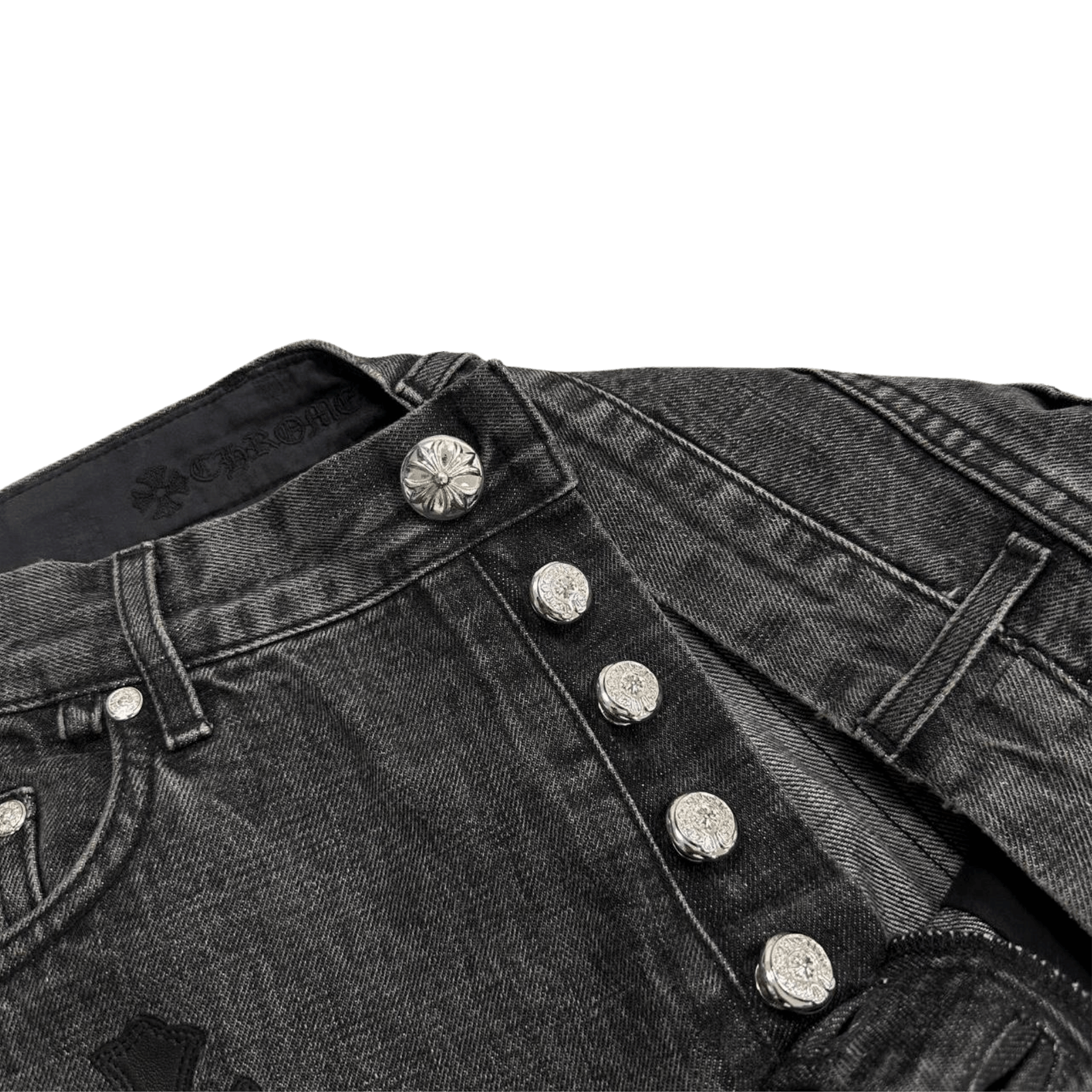 Chrome Hearts Black White Leather Cross Patch Fleur Knee Denim Jeans Grey