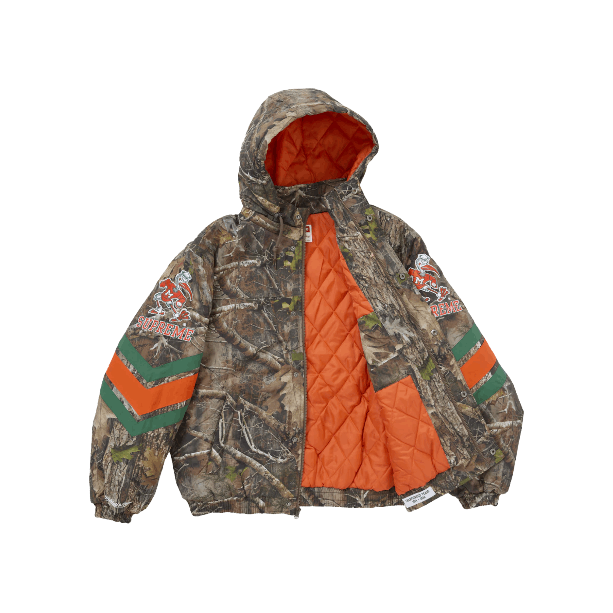 Supreme Mitchell & Ness NCAA Hooded Stadium Jacket Woodland Camo