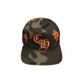 Chrome Hearts CH Logo Leather Cross Patch Snapback Cap Camo Orange