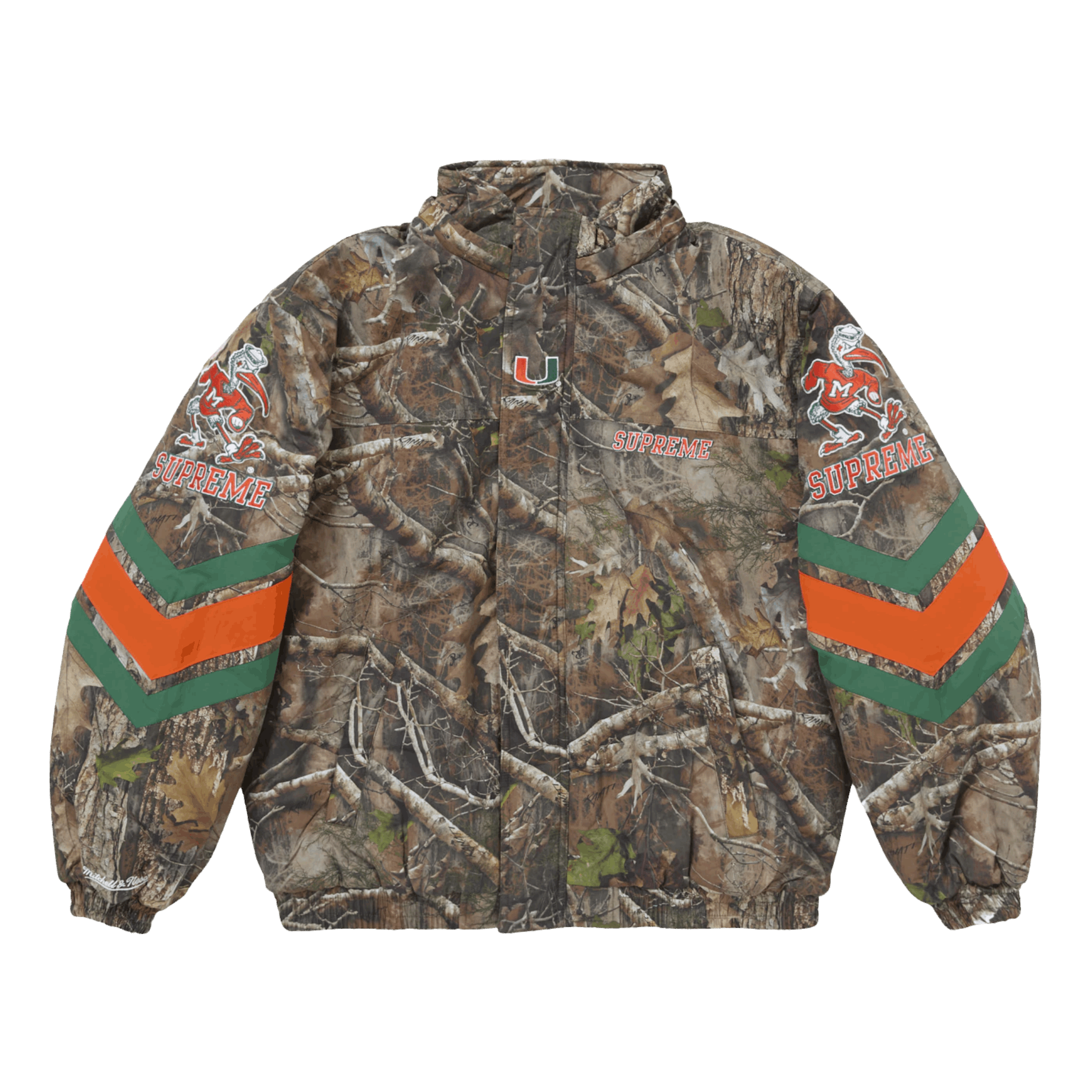 Supreme Mitchell & Ness NCAA Hooded Stadium Jacket Woodland Camo