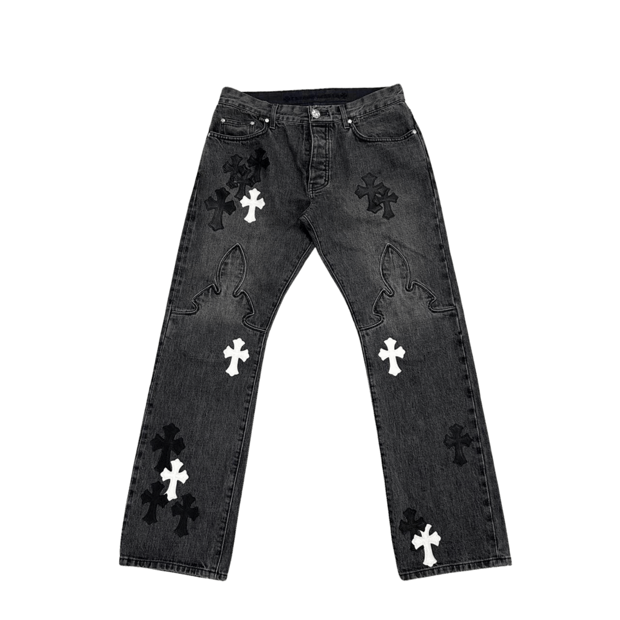 Chrome Hearts Black White Leather Cross Patch Fleur Knee Denim Jeans Grey