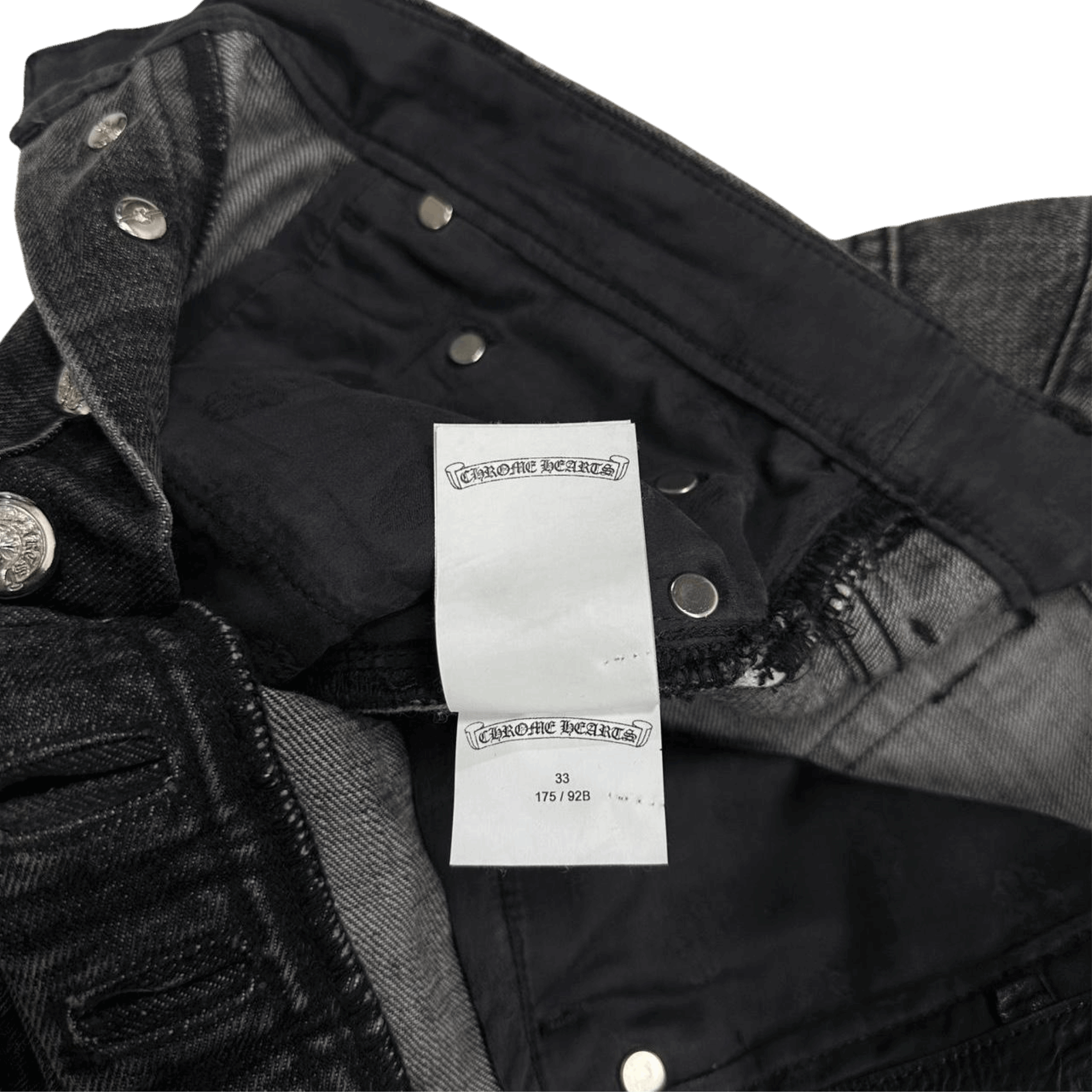 Chrome Hearts Black White Leather Cross Patch Fleur Knee Denim Jeans Grey