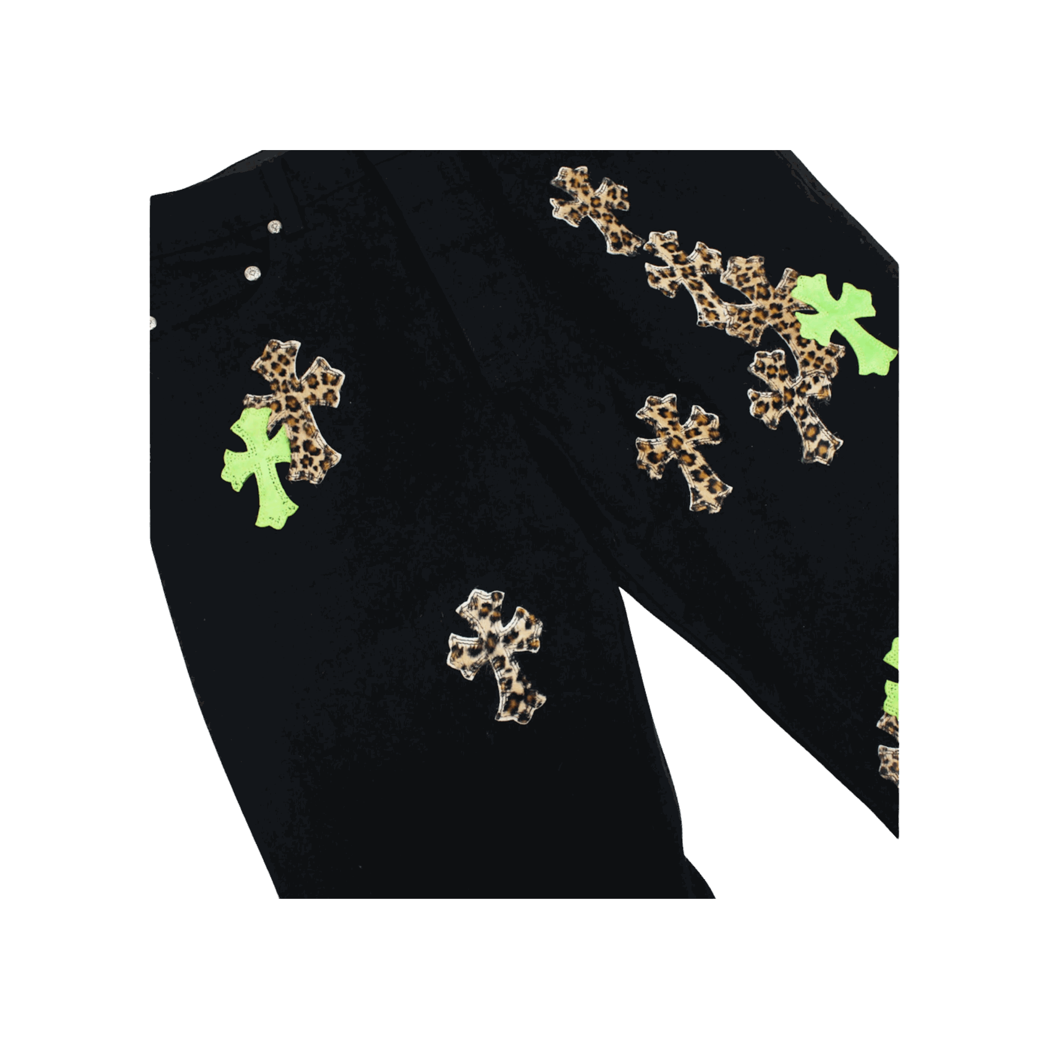Chrome Hearts Green & Leopard Cross Patch Jeans Black