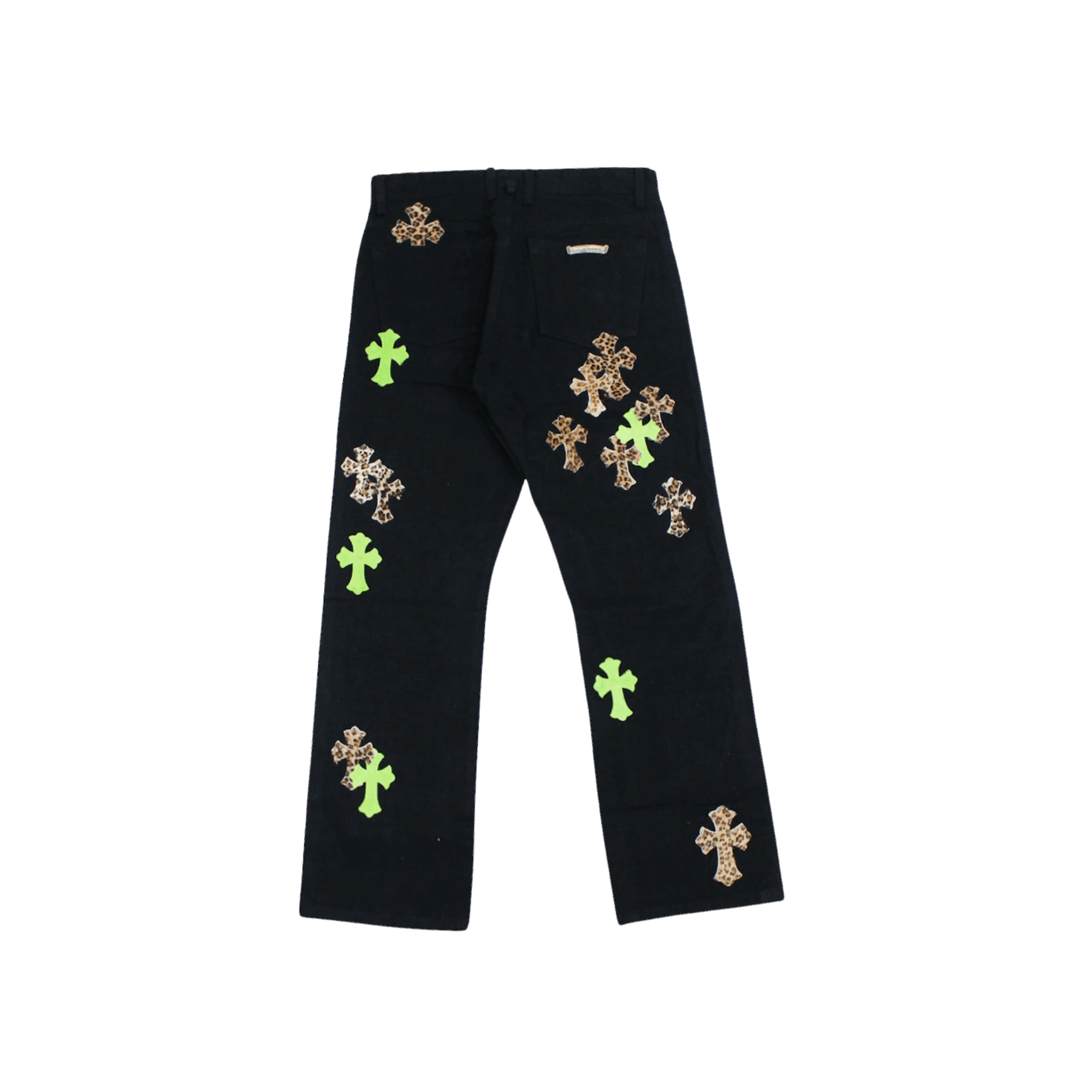 Chrome Hearts Green & Leopard Cross Patch Jeans Black