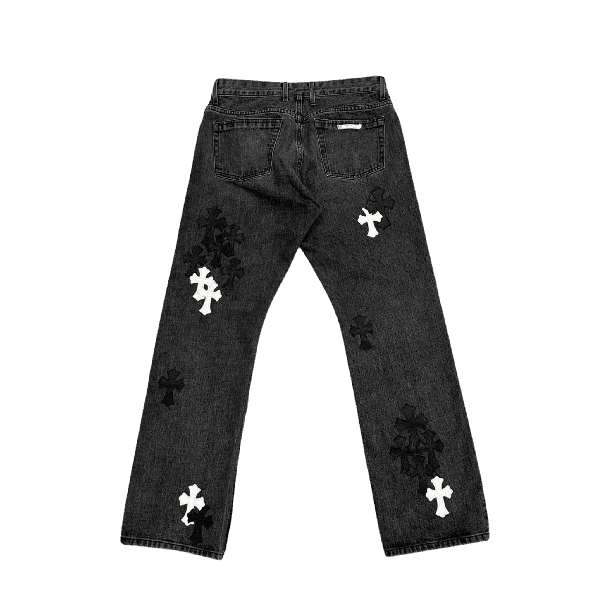 Chrome Hearts Black White Leather Cross Patch Fleur Knee Denim Jeans Grey