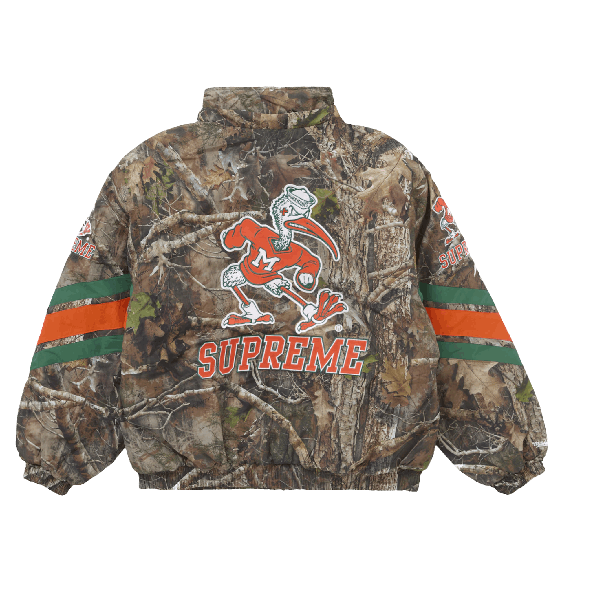 Supreme Mitchell & Ness NCAA Hooded Stadium Jacket Woodland Camo