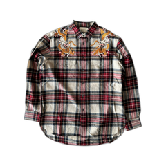 Gucci Beige & Red Plaid Dragon Embroidered Flannel Shirt