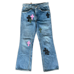 Chrome Hearts Levis Blue Multicolor Cross Patch Flared Jeans