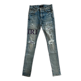 Amiri Clay Indigo Serif Logo Distressed Jeans