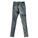 Amiri Clay Indigo Serif Logo Distressed Jeans