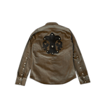 Chrome Hearts Olive & Black Leather Fleur Patch Button Up Shirt - Morely TrendsChrome Hearts Type here:)