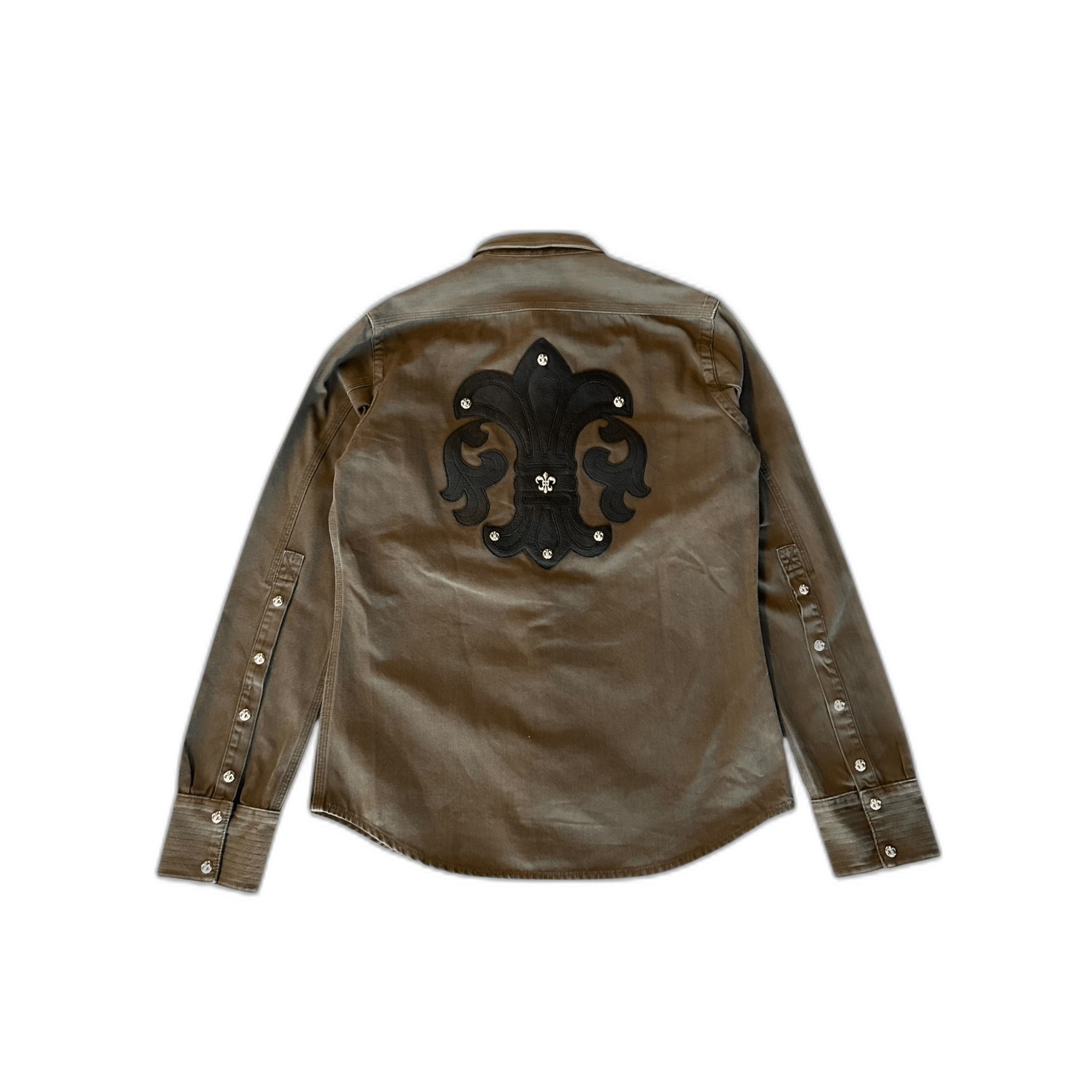 Chrome Hearts Olive & Black Leather Fleur Patch Button Up Shirt - Morely TrendsChrome Hearts Type here:)