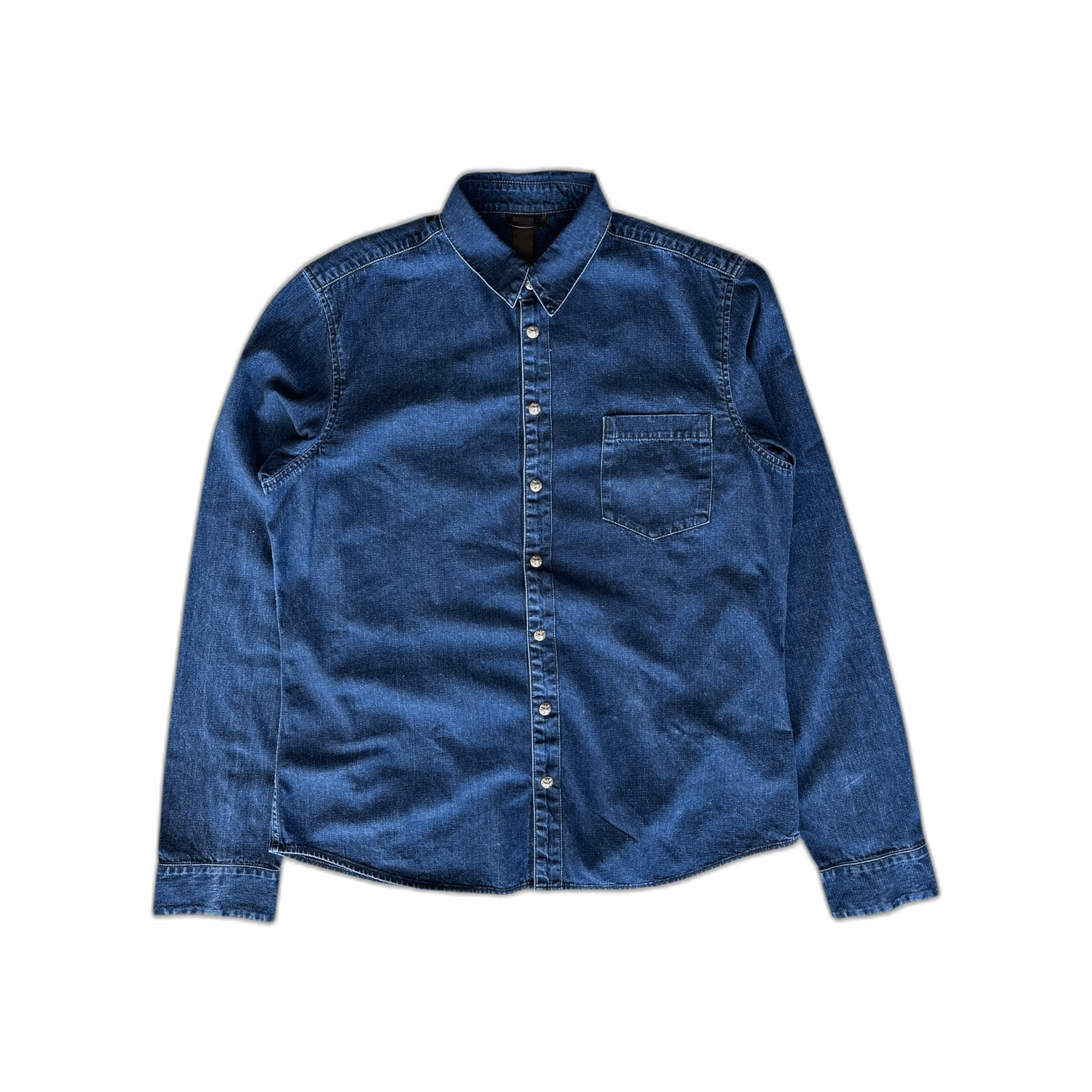 Chrome Hearts Blue Cross Patch Denim Button Up Shirt - Morely TrendsChrome Hearts Type here:)