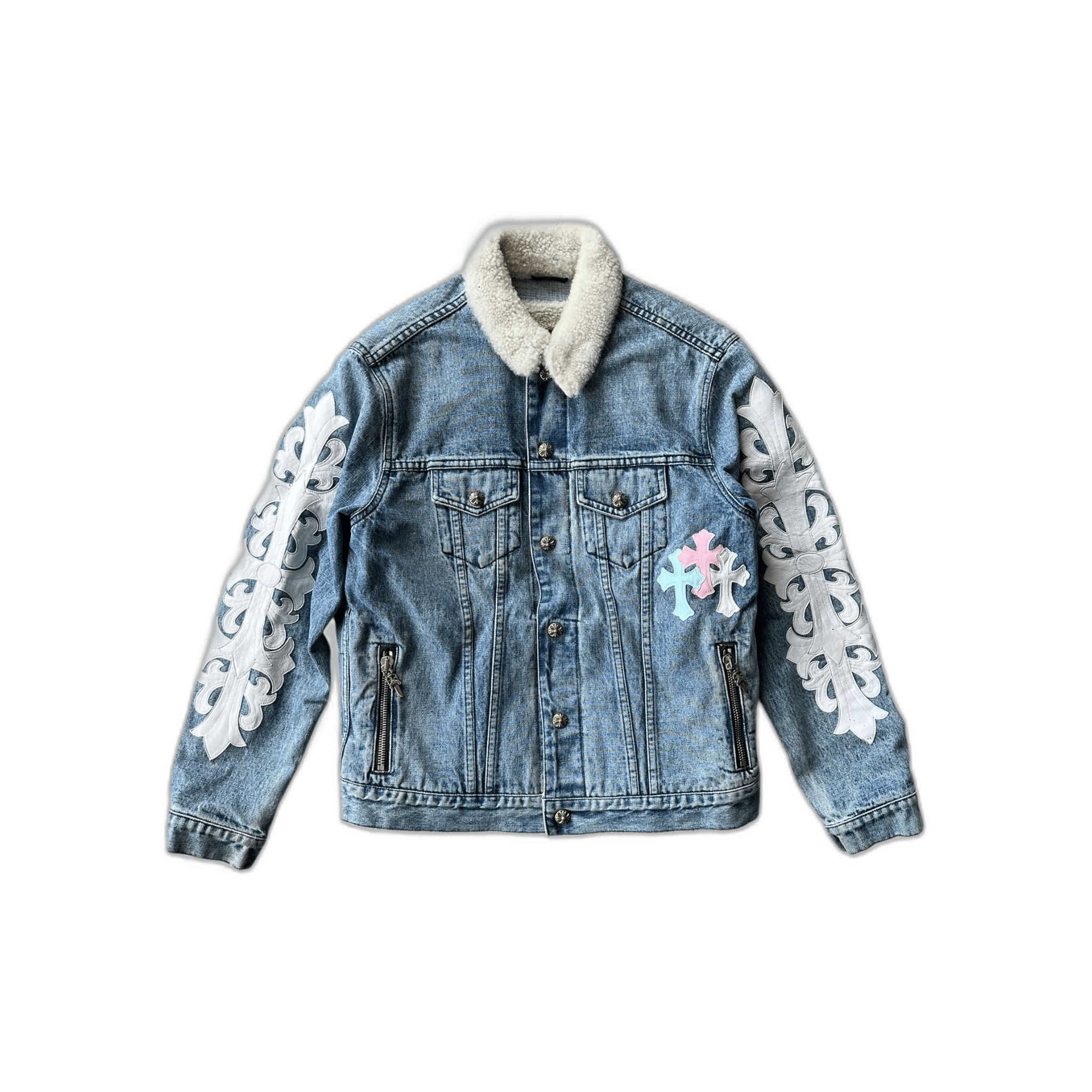 Chrome Hearts Levis Blue & Multicolor Cross Patch Denim Sherpa Jacket - Morely TrendsChrome Hearts Type here:)