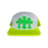 Chrome Hearts Neon Yellow Cemetery Cross Patch Trucker Hat - Morely TrendsChrome Hearts Type here:)