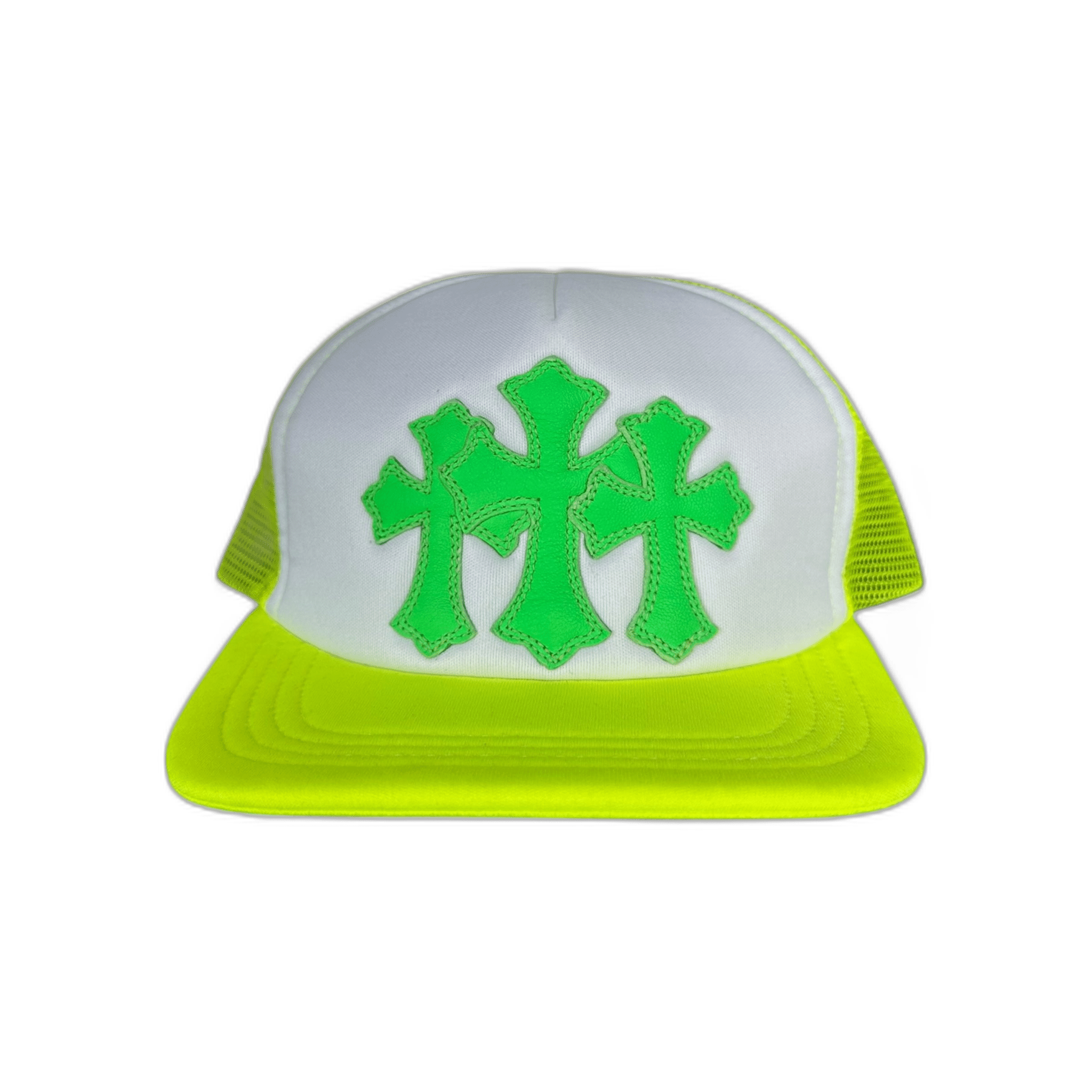 Chrome Hearts Neon Yellow Cemetery Cross Patch Trucker Hat - Morely TrendsChrome Hearts Type here:)