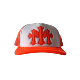 Chrome Hearts Orange Cemetery Cross Patch Trucker Hat - Morely TrendsChrome Hearts Type here:)