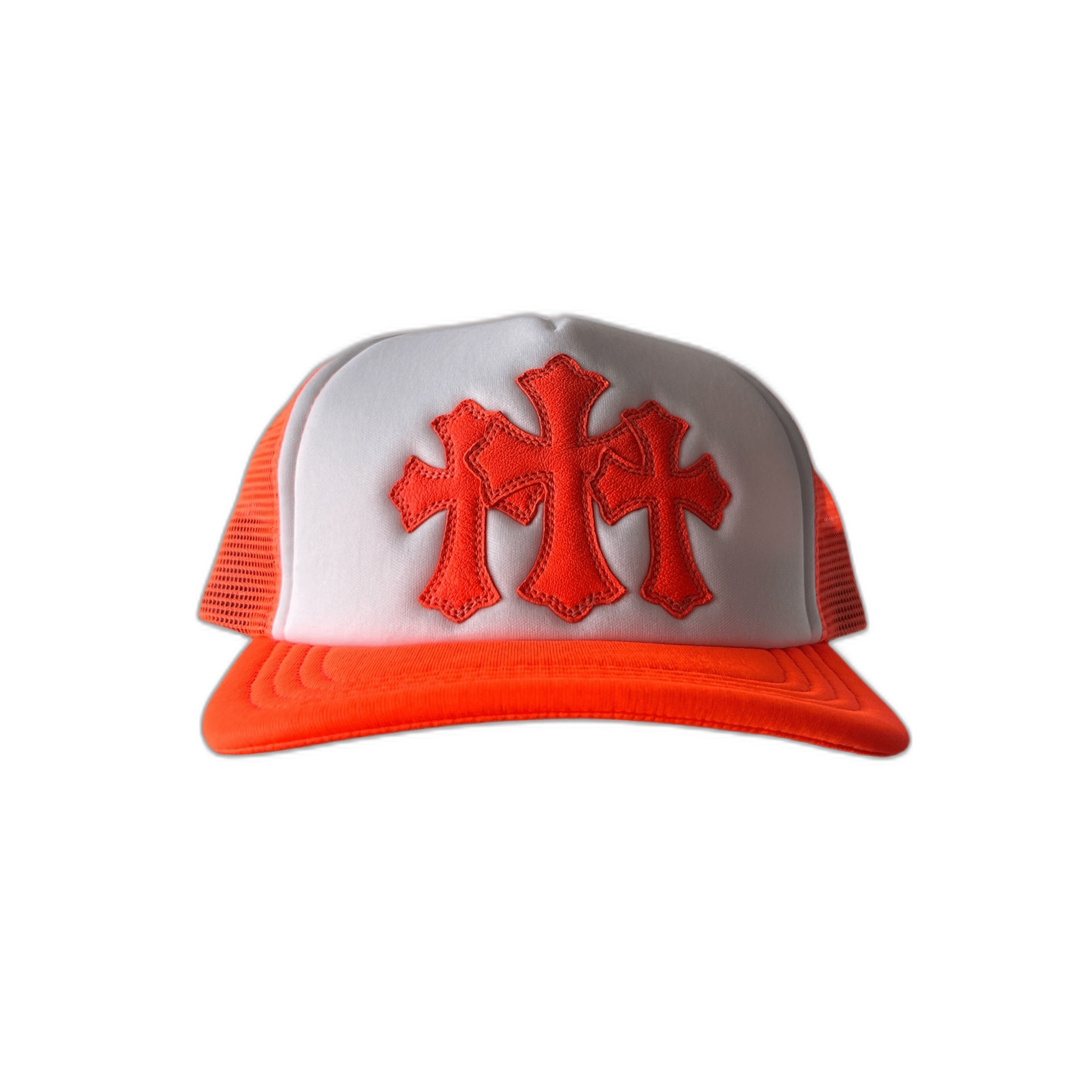 Chrome Hearts Orange Cemetery Cross Patch Trucker Hat - Morely TrendsChrome Hearts Type here:)