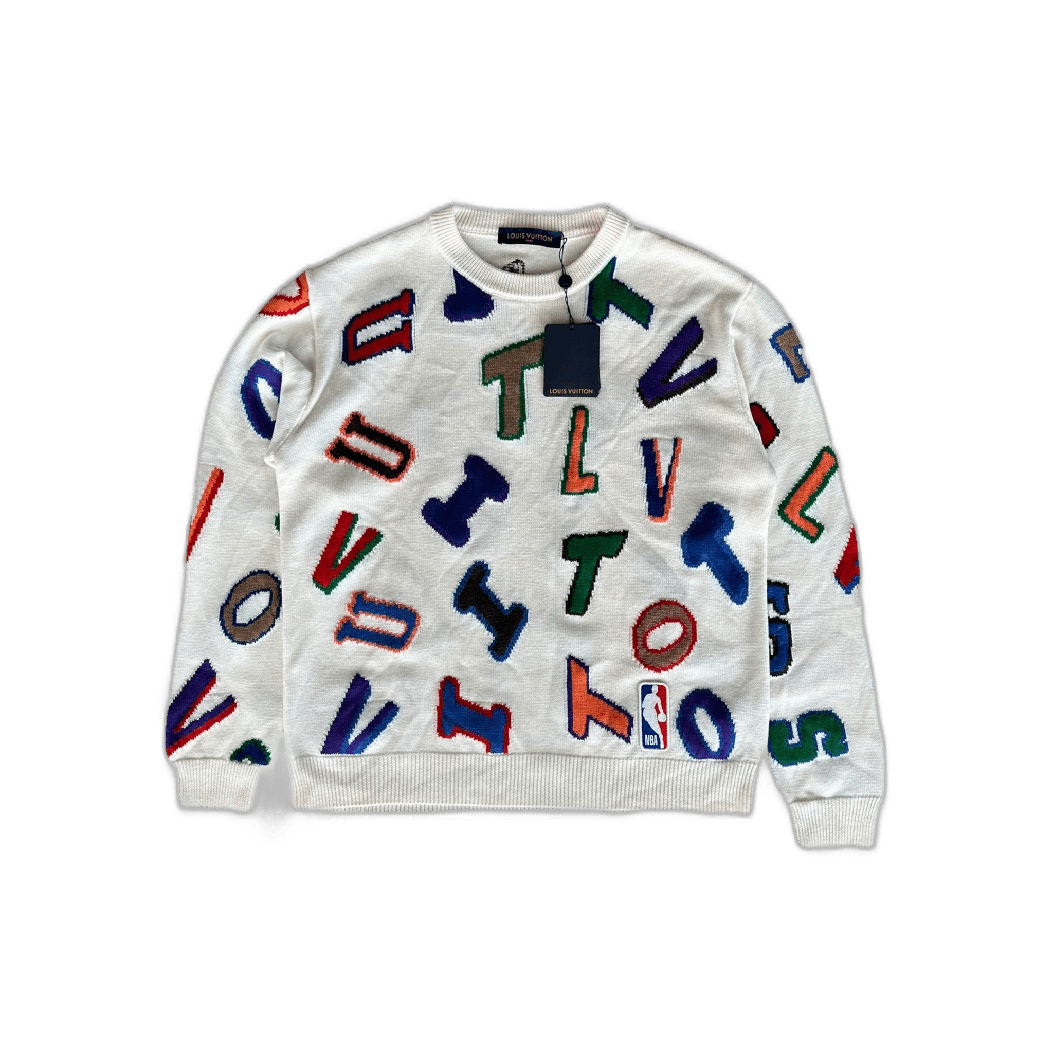 Louis Vuitton NBA White Multicolor Letter Wool Sweater - Morely TrendsLouis Vuitton Type here:)