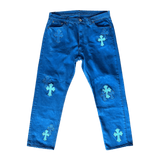 Chrome Hearts Levi's London Exclusive Blue Dyed Cross Patch Jeans - Morely TrendsChrome Hearts Type here:)