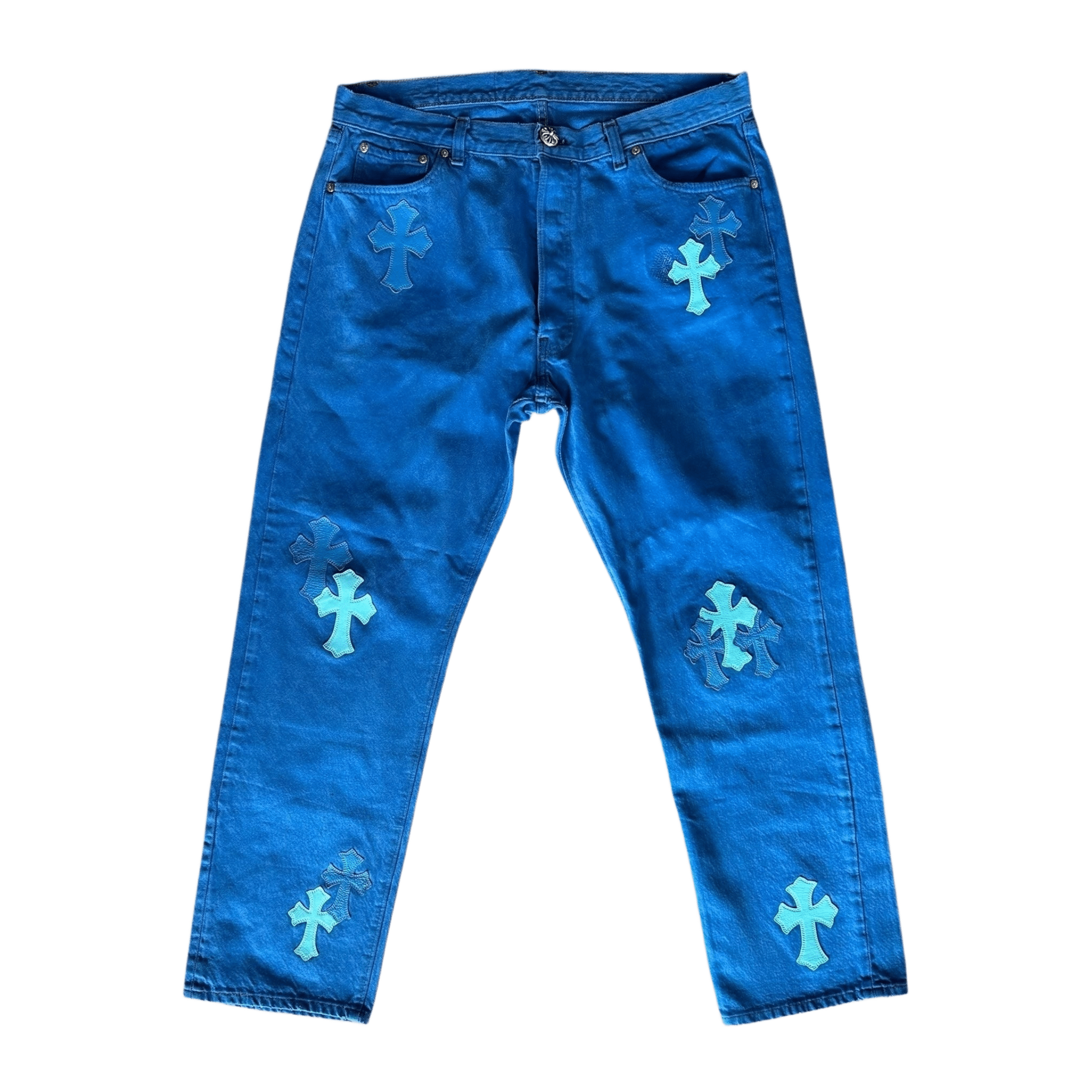 Chrome Hearts Levi's London Exclusive Blue Dyed Cross Patch Jeans - Morely TrendsChrome Hearts Type here:)