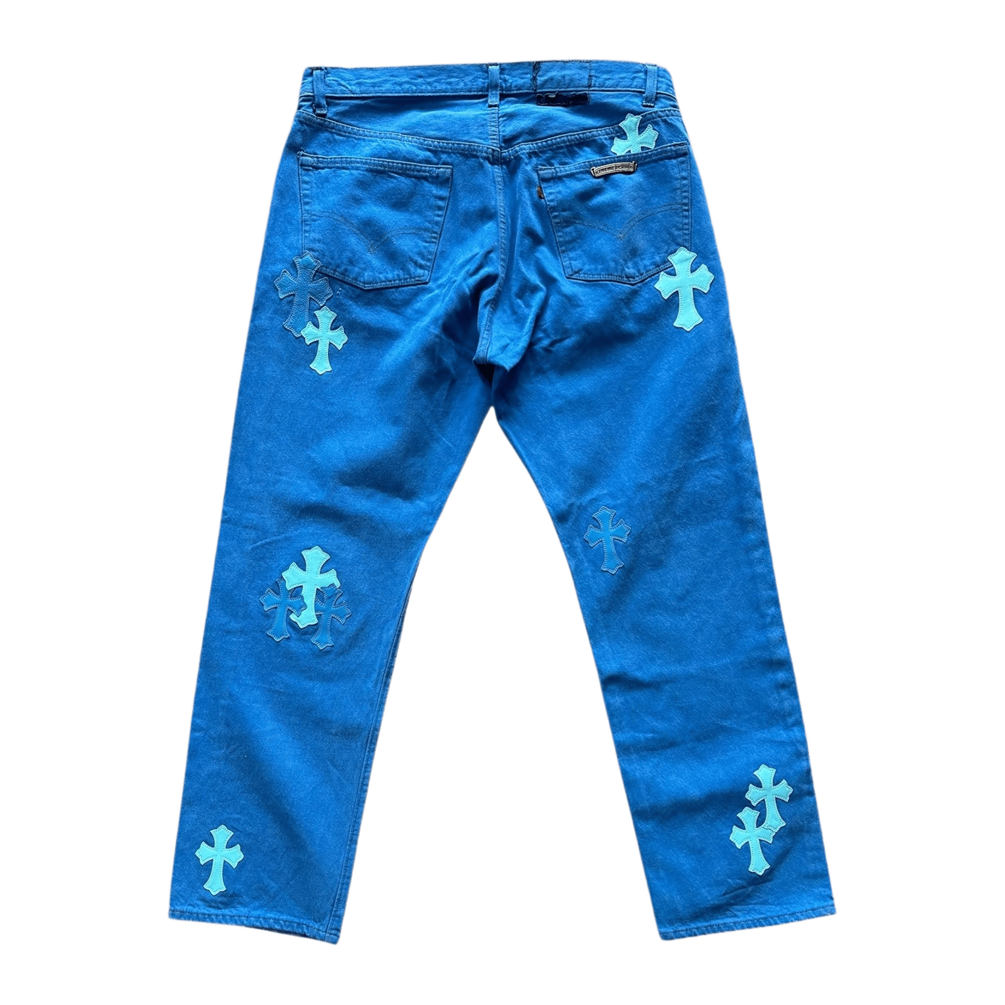 Chrome Hearts Levi's London Exclusive Blue Dyed Cross Patch Jeans - Morely TrendsChrome Hearts Type here:)