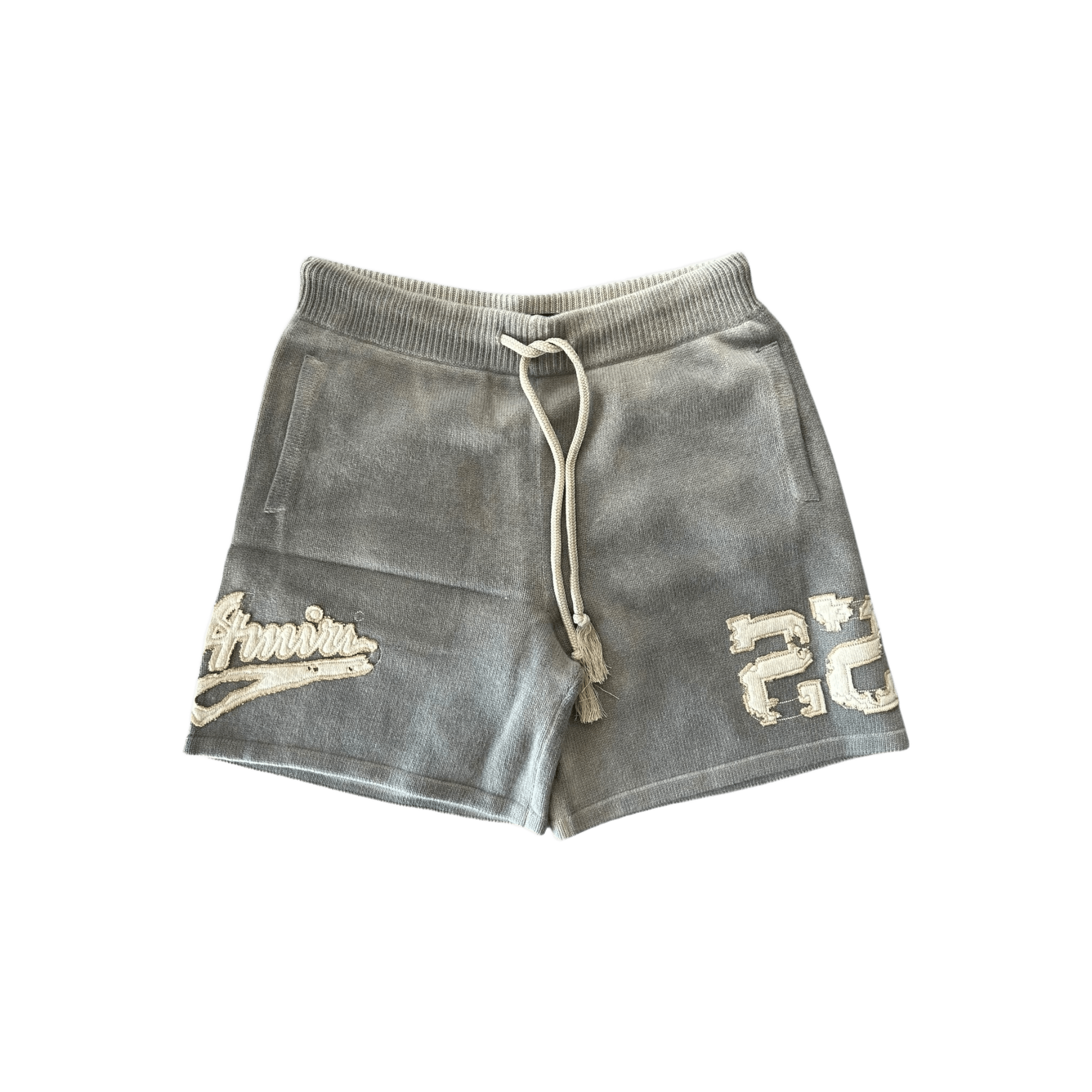 Amiri Grey & White Distressed 22 Logo Cashmere Shorts - Morely TrendsAmiri Type here:)