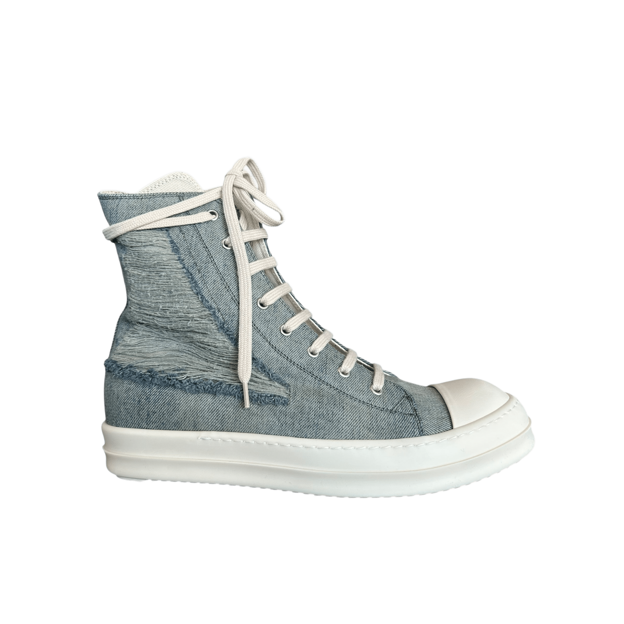 Rick Owens Blue & White Distressed Denim High Top Sneakers - Morely TrendsRick Owens Type here:)