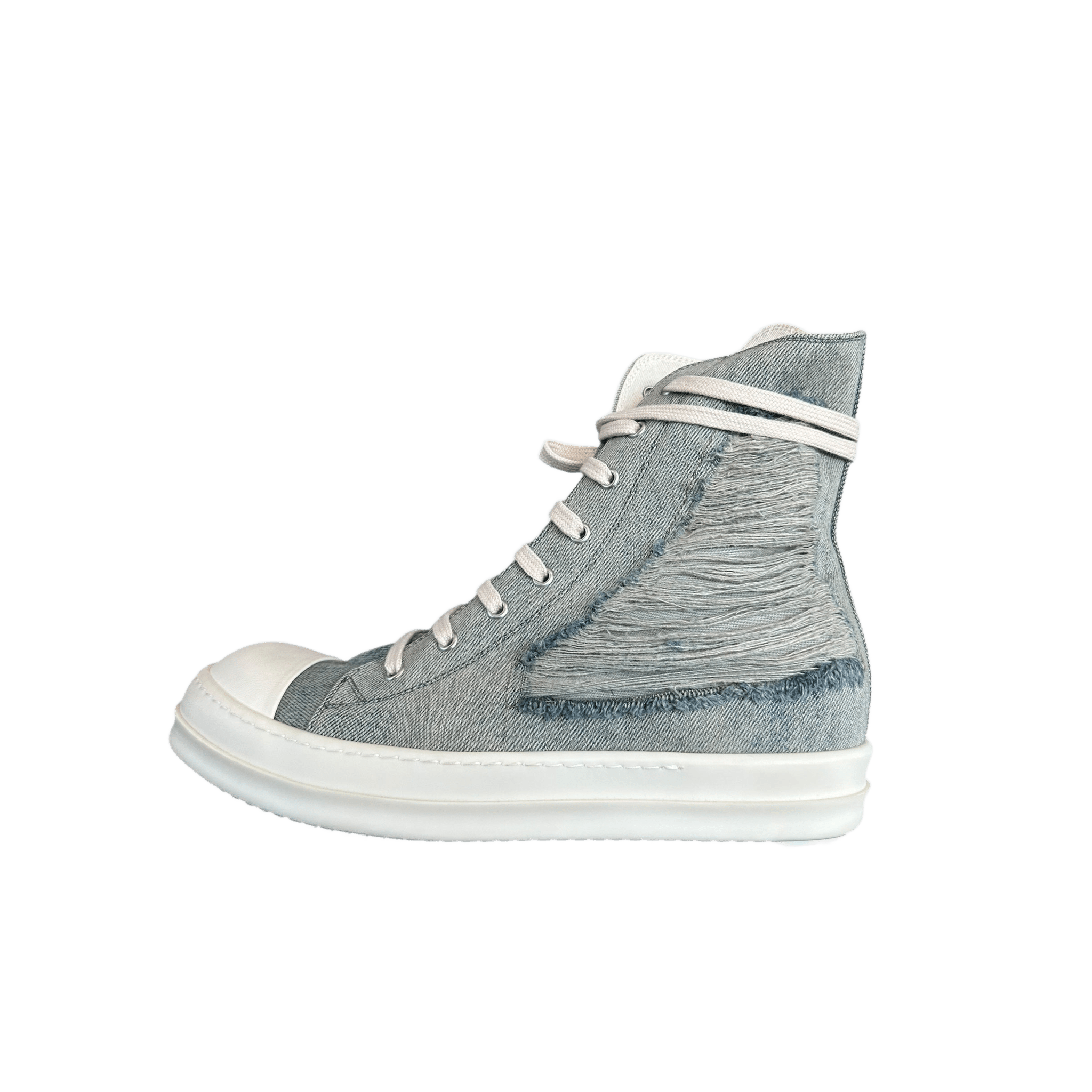 Rick Owens Blue & White Distressed Denim High Top Sneakers - Morely TrendsRick Owens Type here:)