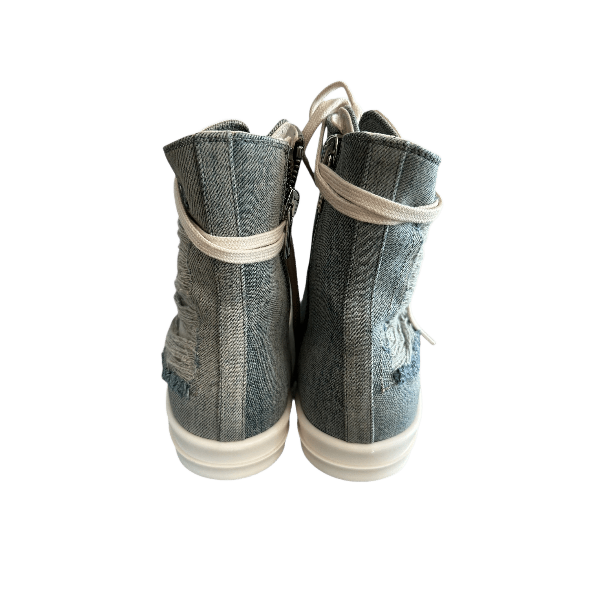 Rick Owens Blue & White Distressed Denim High Top Sneakers - Morely TrendsRick Owens Type here:)