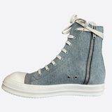 Rick Owens Blue & White Distressed Denim High Top Sneakers - Morely TrendsRick Owens Type here:)