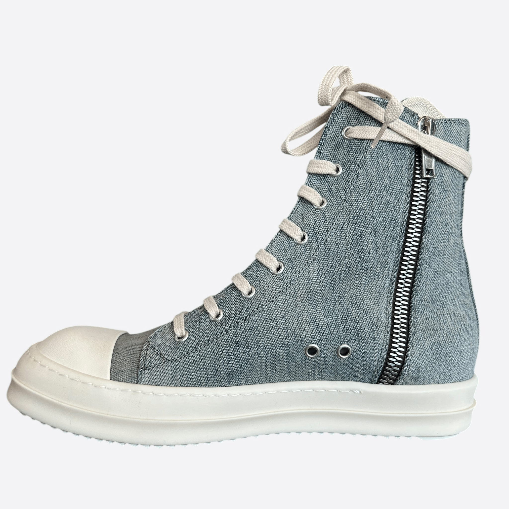 Rick Owens Blue & White Distressed Denim High Top Sneakers - Morely TrendsRick Owens Type here:)