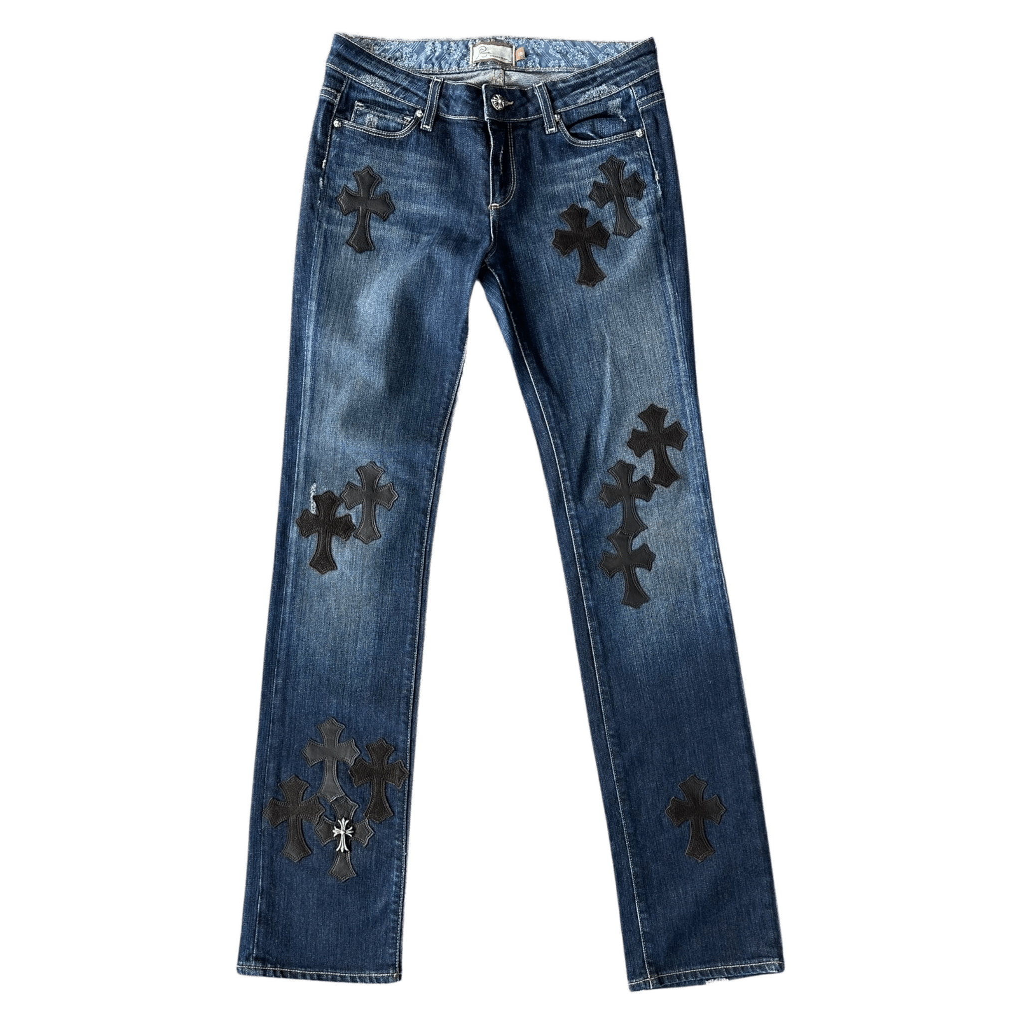Chrome Hearts Blue & Black Cross Patch Jeans - Morely TrendsChrome Hearts Type here:)