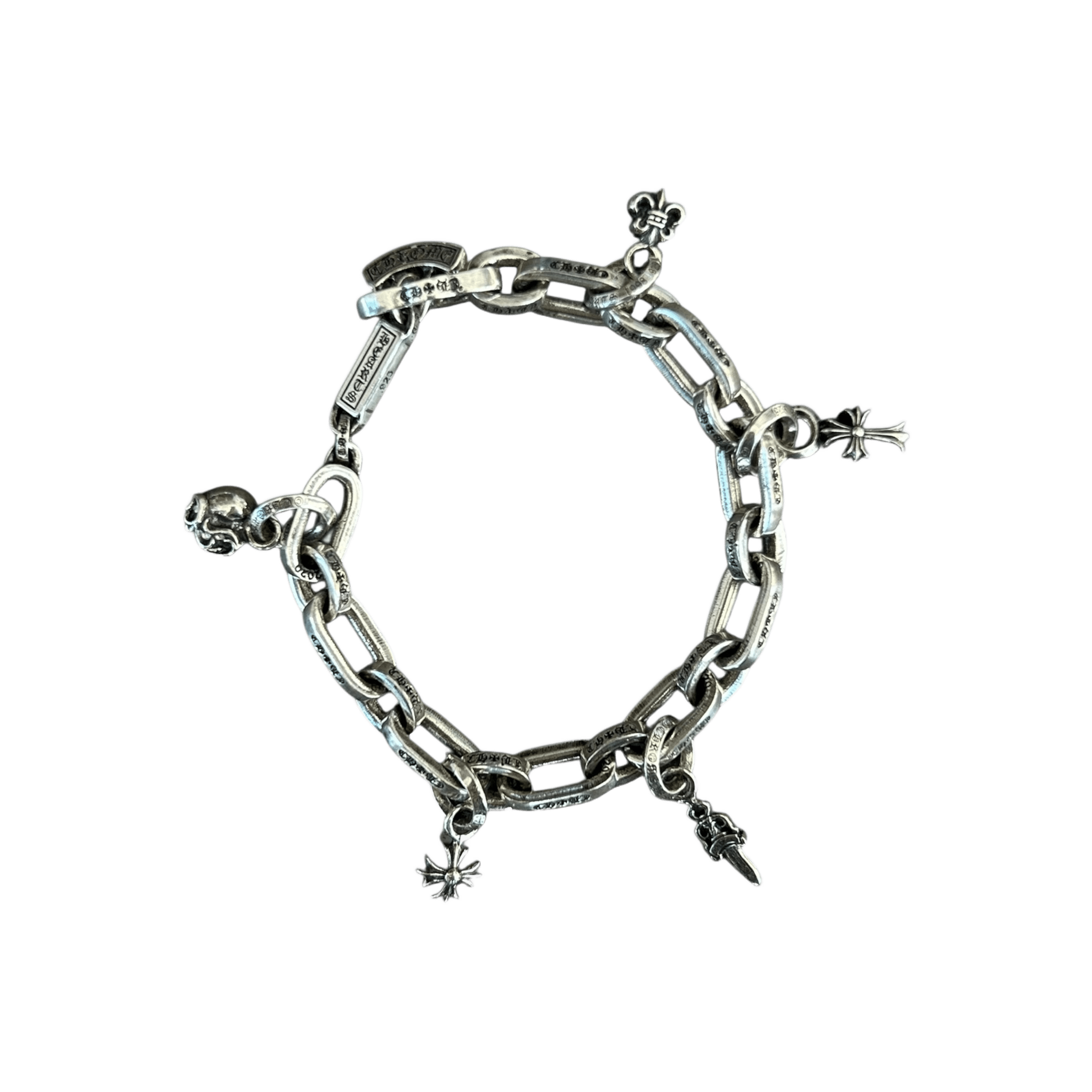 Chrome Hearts Silver Paper E Chain Multi Charm Bracelet - Morely TrendsChrome Hearts Type here:)