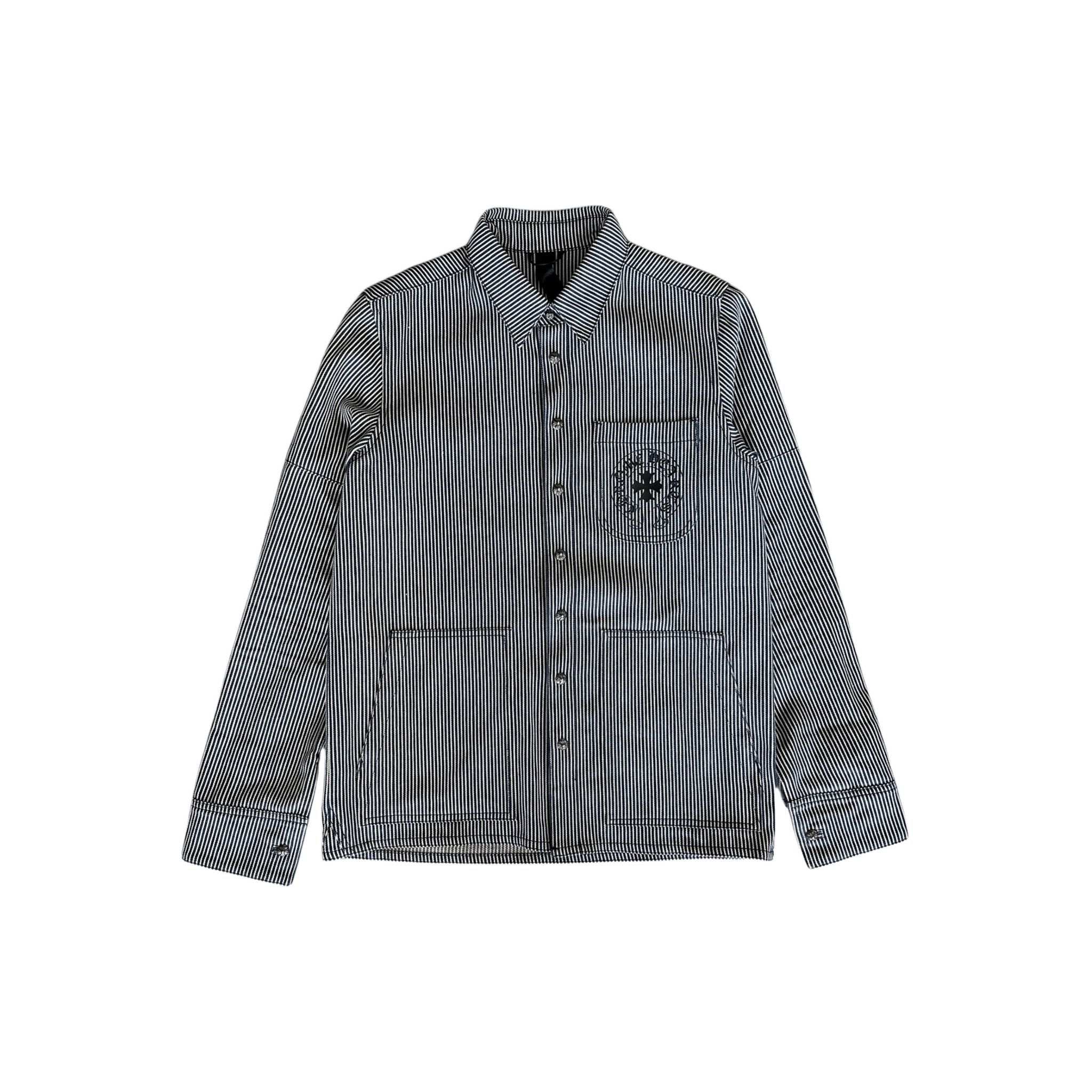 Chrome Hearts Blue & White Pinstripe Chore Button Up Shirt - Morely TrendsChrome Hearts Type here:)