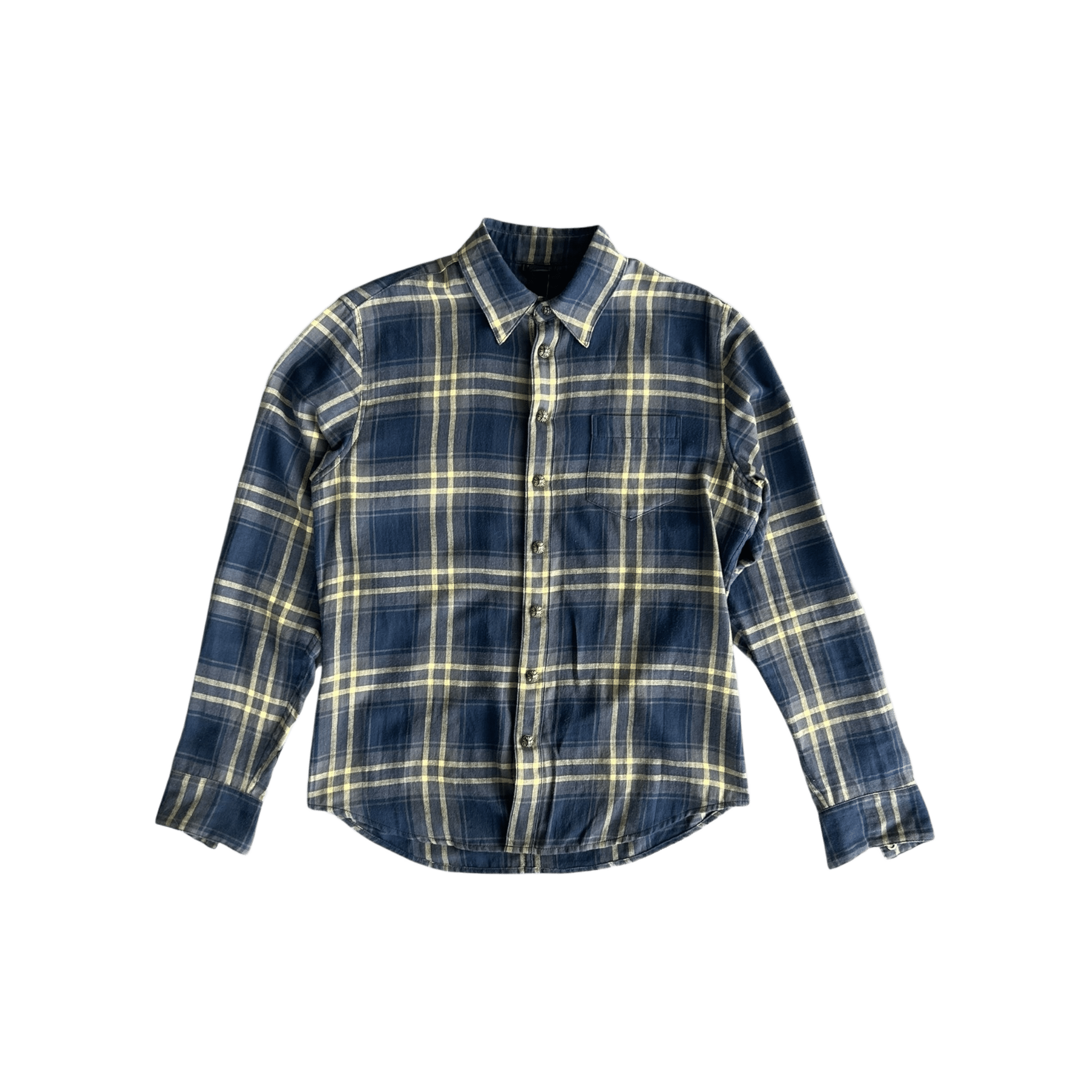 Chrome Hearts Blue & Yellow Plaid Cross Patch Flannel - Morely TrendsChrome Hearts Type here:)