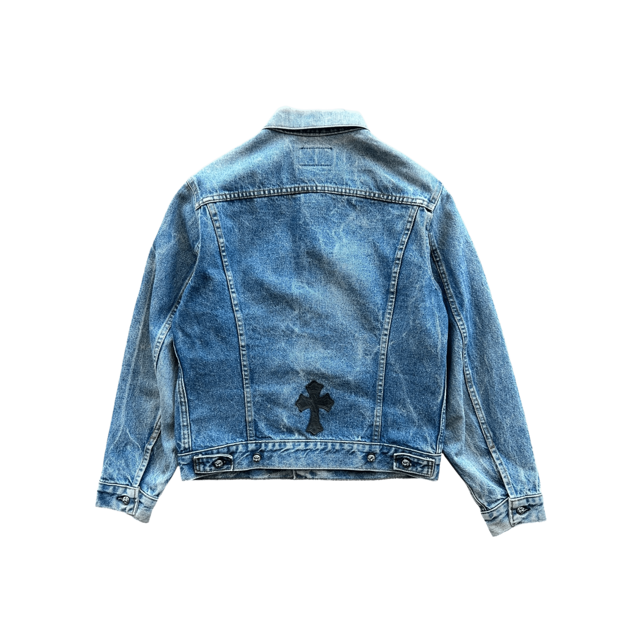 Chrome Hearts Levis Blue & Black Cross Patch Denim Jacket - Morely TrendsChrome Hearts Type here:)