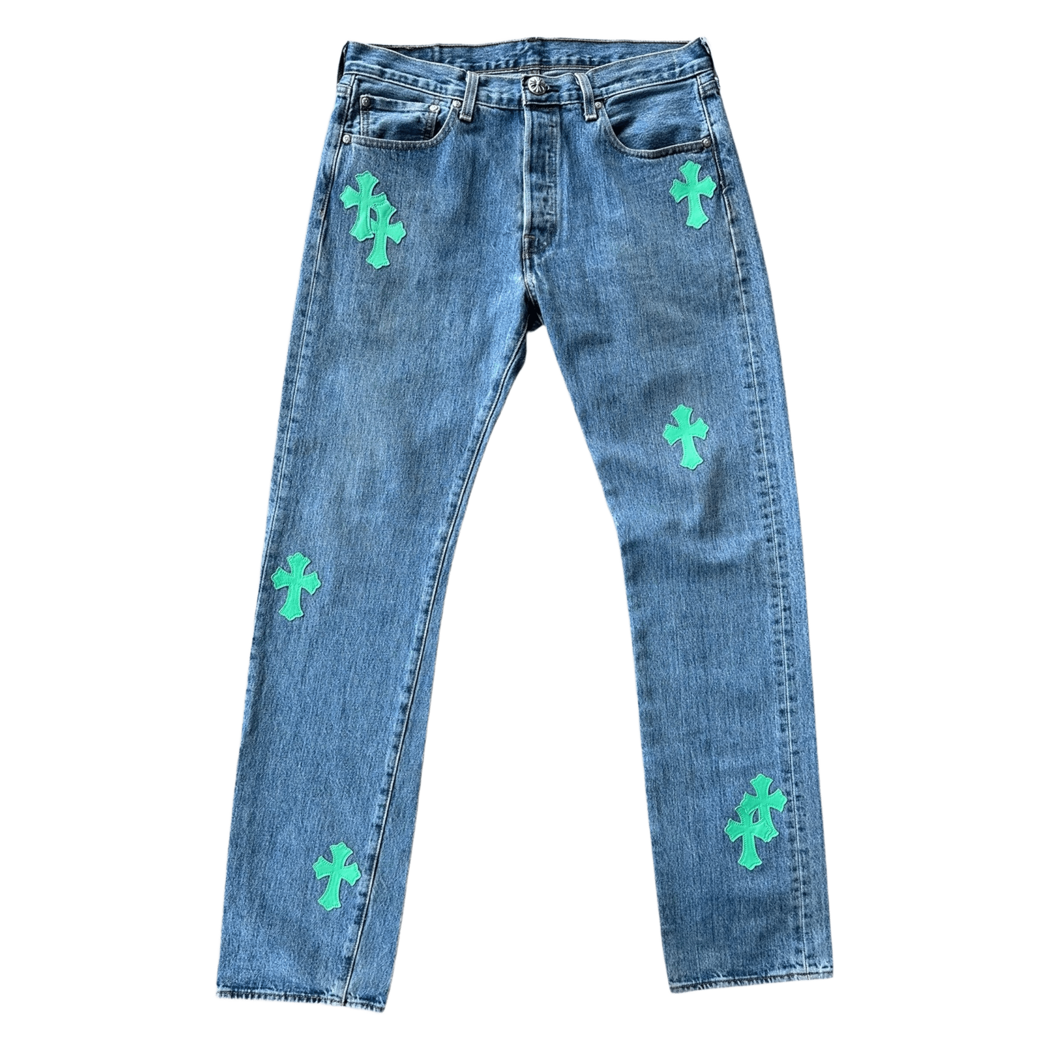 Chrome Hearts Levis Blue & Green Cross Patch Jeans - Morely TrendsChrome Hearts Type here:)