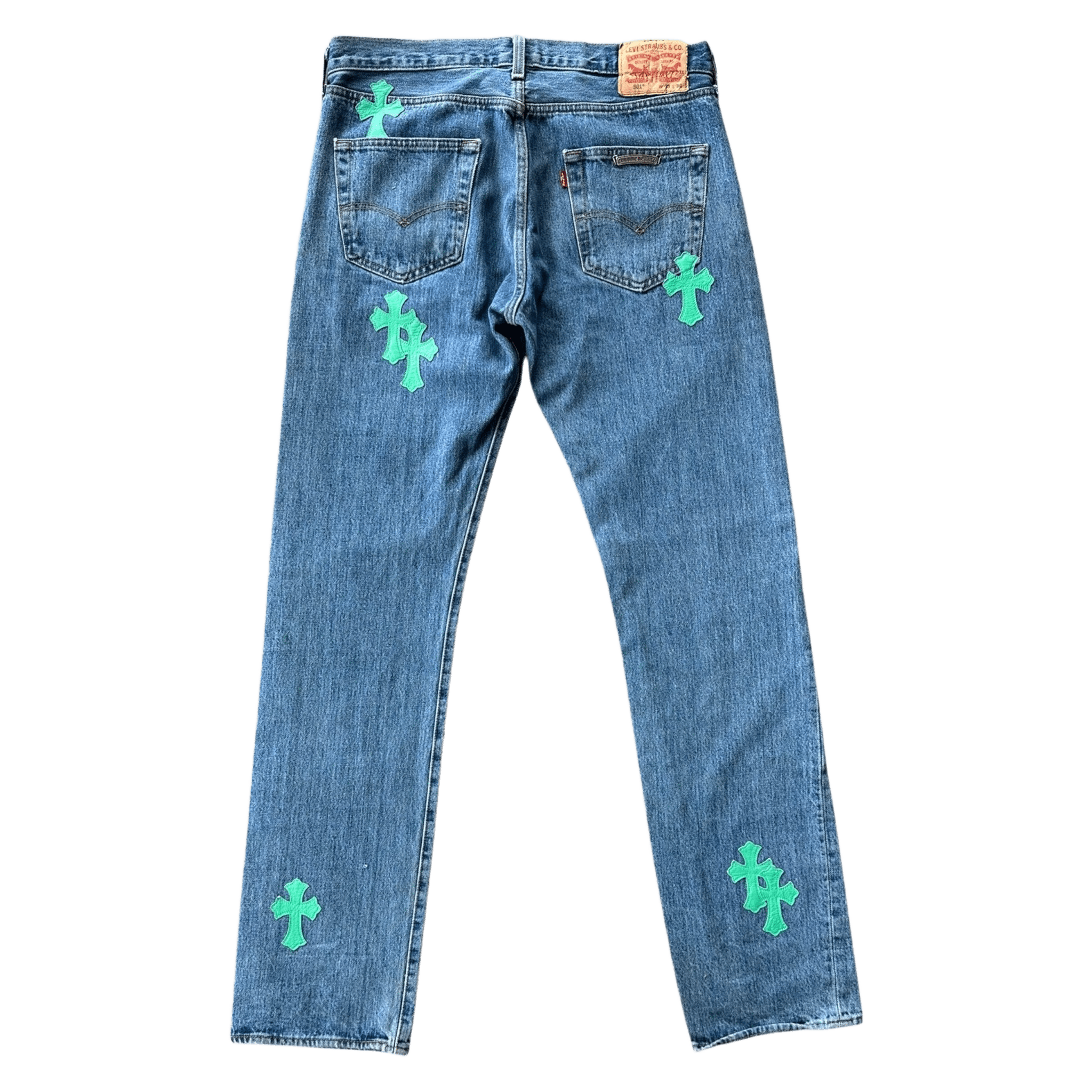 Chrome Hearts Levis Blue & Green Cross Patch Jeans - Morely TrendsChrome Hearts Type here:)
