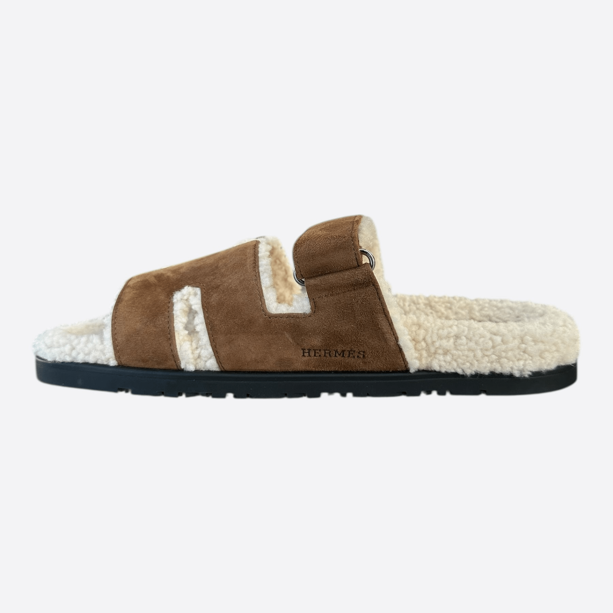 Hermes Brown Suede Chypre Shearling Sandals - Morely TrendsHermes Type here:)