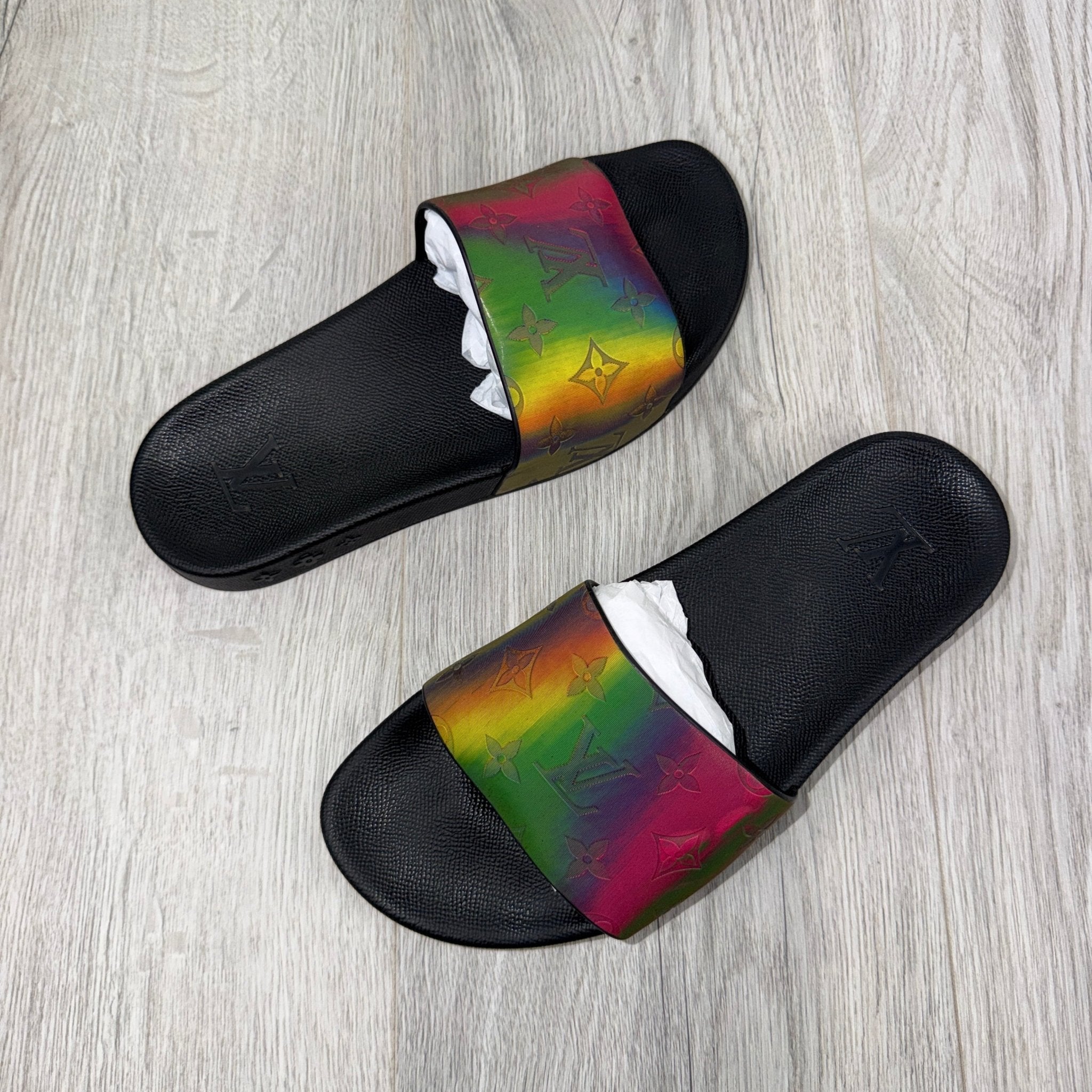 Louis Vuitton Multicolor Iridescent Monogram Rubber Waterfront Sliders - Uk 6 (Fit 7) - Morely TrendsLouis Vuitton Type here:)