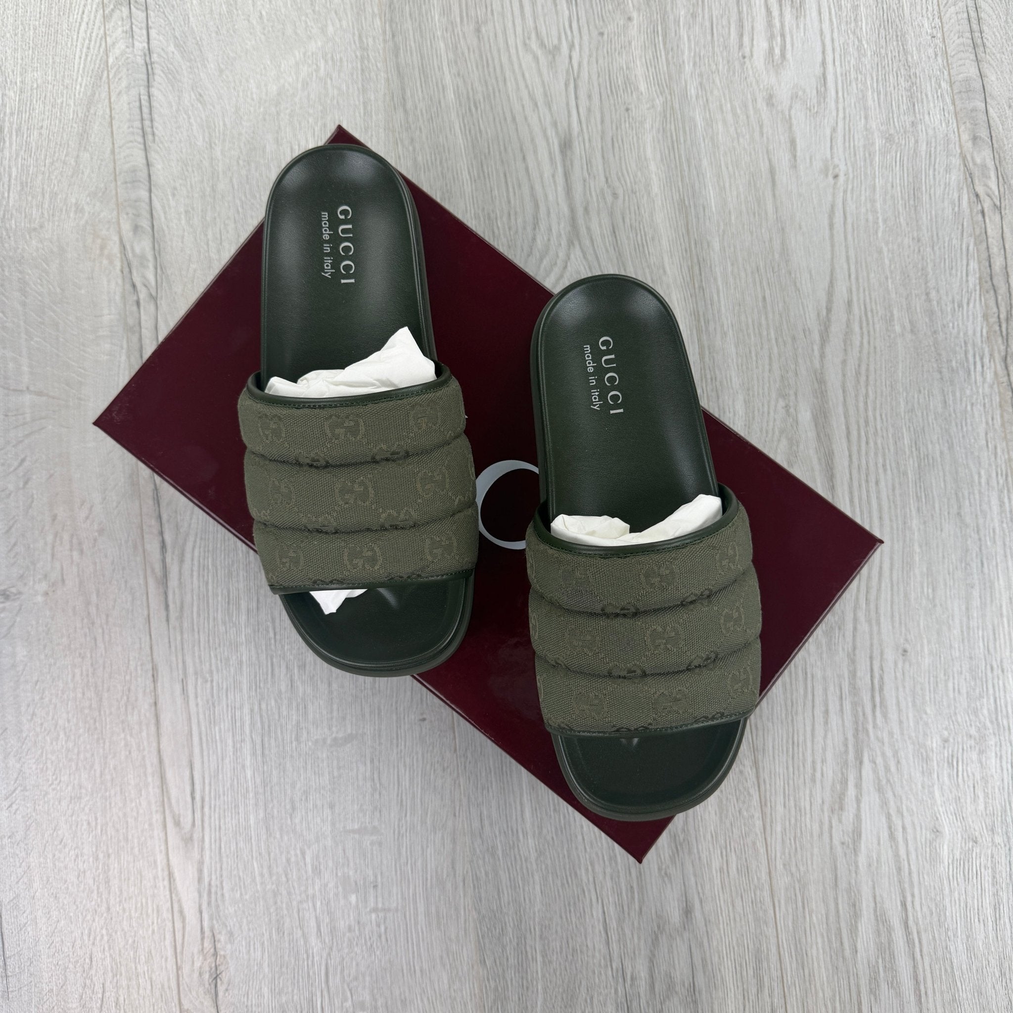 Gucci Men’s Olive Green GG Monogram Canvas Sliders - Morely TrendsGucci Type here:)